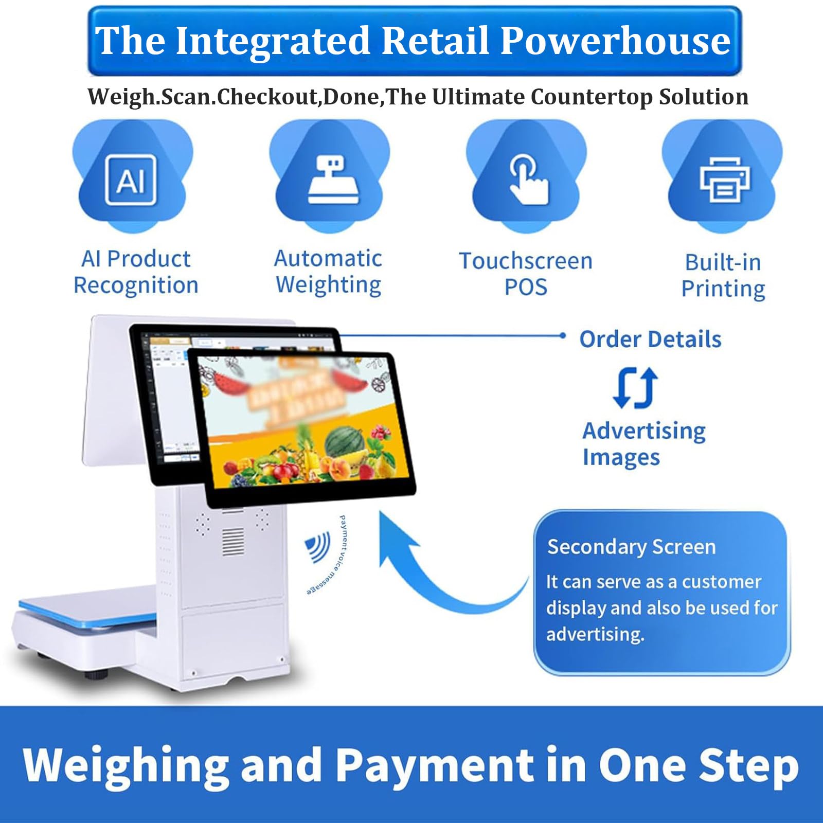 Caja registradora con sis-Tema TPV, Caja registradora Inteligente Todo en uno con IA para pequeñas Empresas, con cajón portamonedas y escáner de código de Barras. Singlescreen