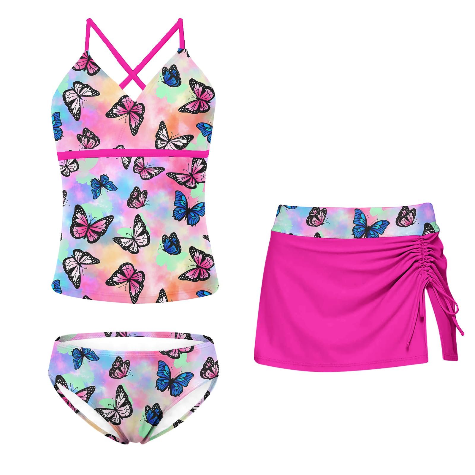 KimodaGirls Swimsuits 3 Piece Tankini Bathing Suit Set Bikini Swimwear with Cover Ups Beach Skirt 6-12 Years