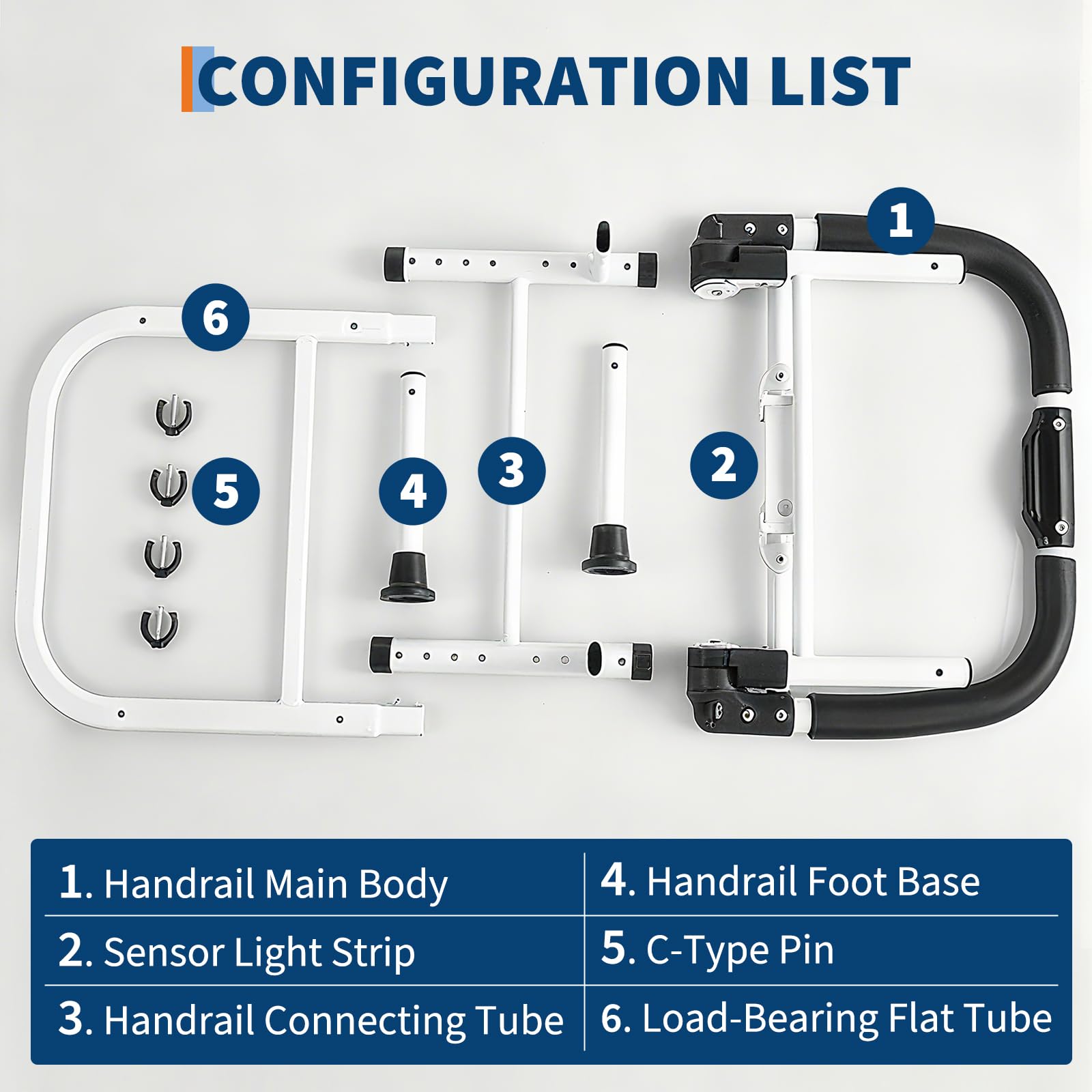 Garvee Barandilla de cama para adultos mayores - Altura ajustable, plegable con patas y apoyo lateral - Estructura de acero resistente, soporta 150 kg - Luz de movimiento con 3 modos, mecanismo de