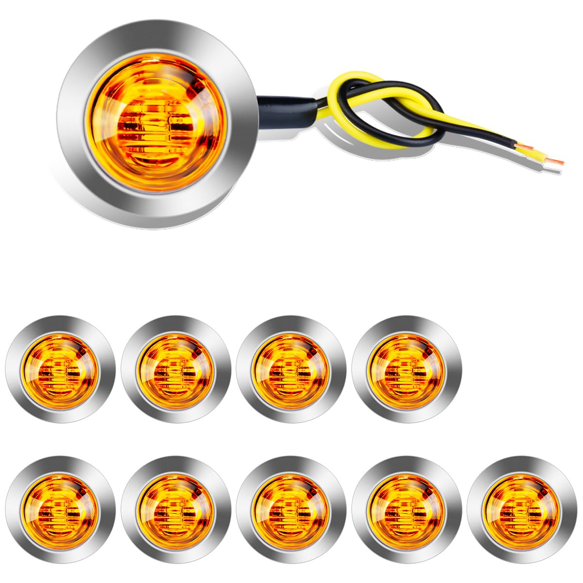 10 sztuk okrągłych świateł bocznych LED 3/4", 1,9 cm, 12 V, 24 V, uniwersalne światła kontrolne, światła pozycyjne do przyczep ciężarowych (żółte, z chromowanymi końcówkami)