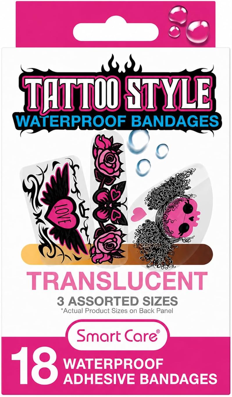 Tattoo Style Waterproof Bandages for Girls – 18 Count Assorted Sizes – Pink Skull & Rose Designs – Flexible Adhesive Bandages for Minor Cuts & Scrapes