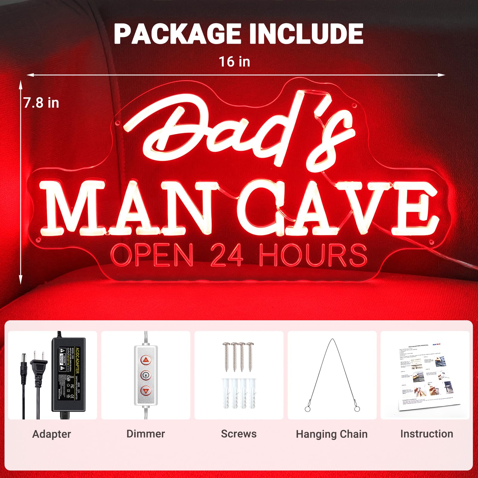 Dad's Man Cave Neon Sign, Handmade Dimmable Red 3D Engraving Open