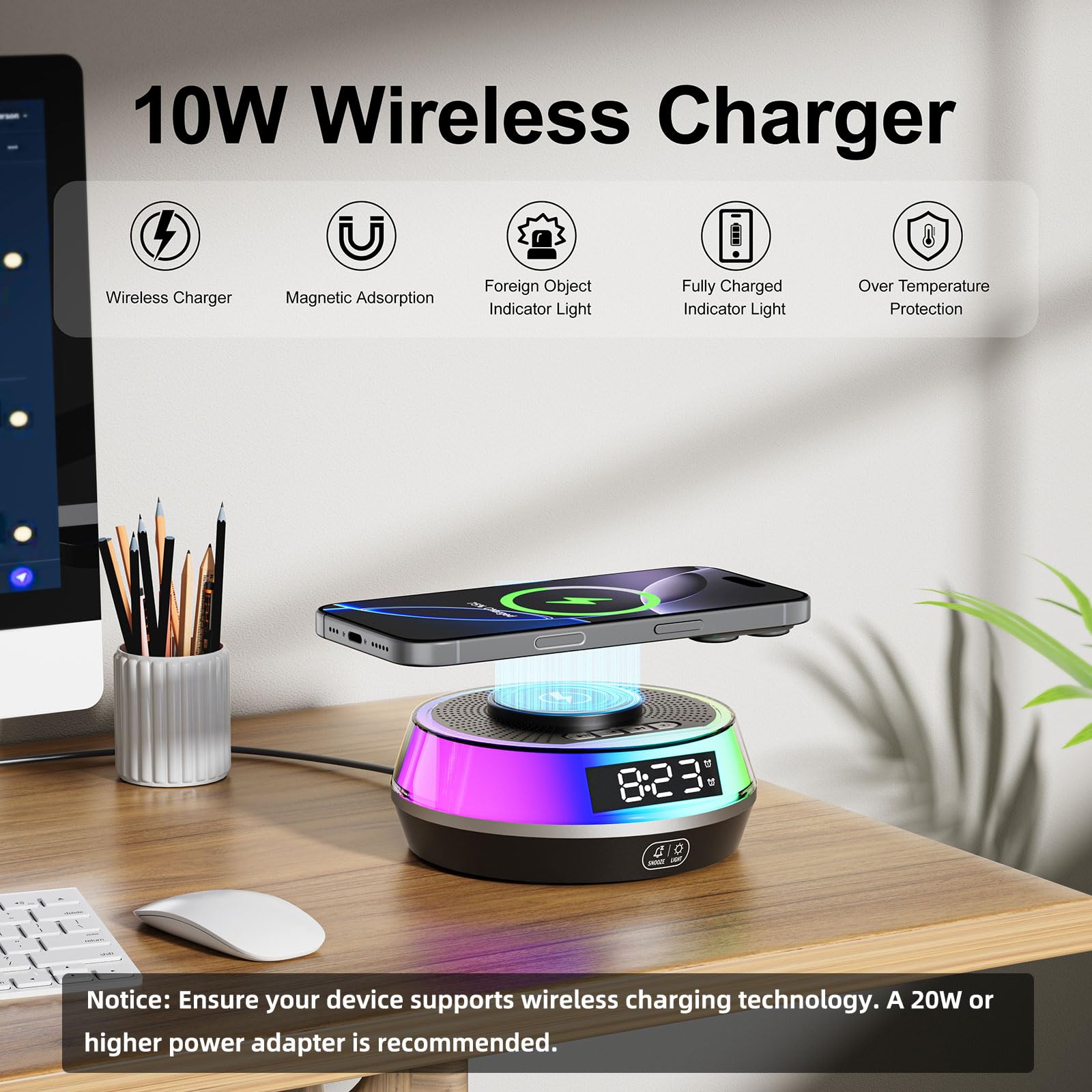 Schlafzimmer-Wecker mit kabellosem Laden, Bluetooth & RGB