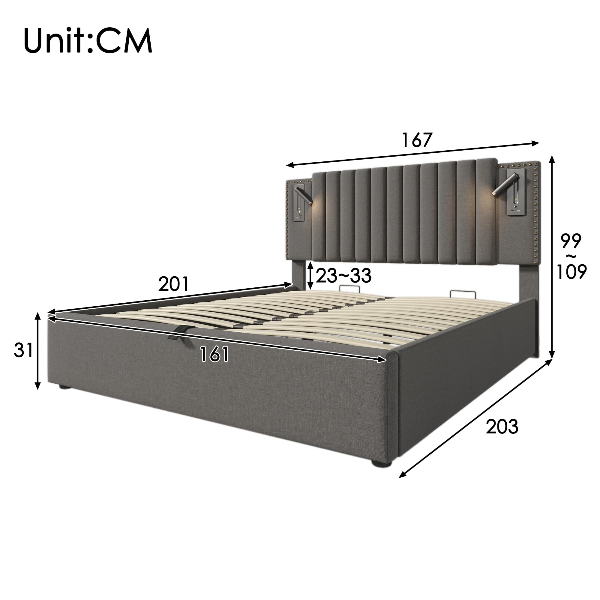 Letto imbottito idraulico luce lettura con ricarica USB testiera letto matrimoniale king size schienale rivettato letti familiare contenitore adulti per gli ospiti grigio senza materasso 160x200