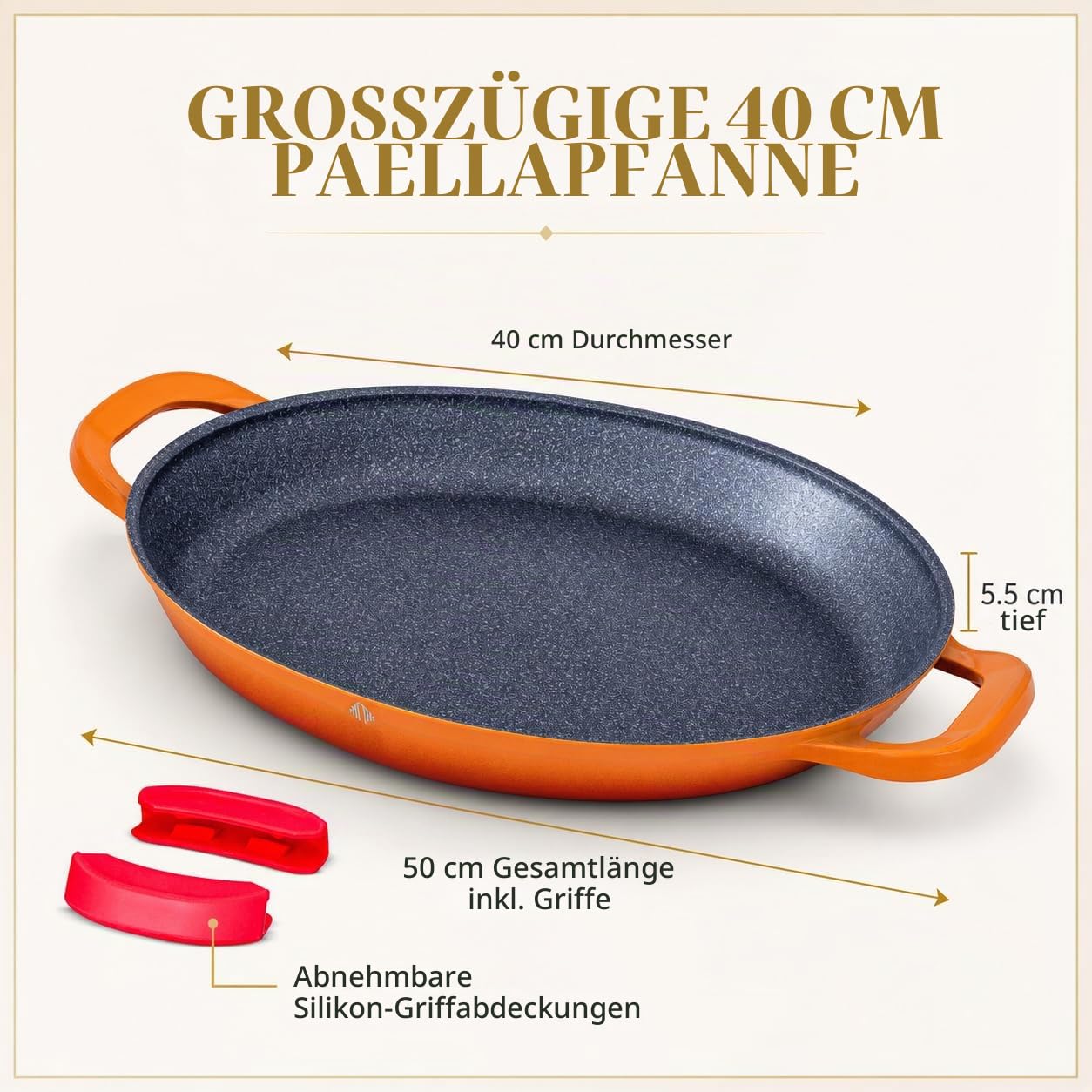 INTIGNIS Professionelle Paellapfanne | 40 cm große Bratpfanne | Aluminium | Antihaftbeschichteter Marmor | Frei von Chemikalien | Für alle Induktionsherde, ofenfest