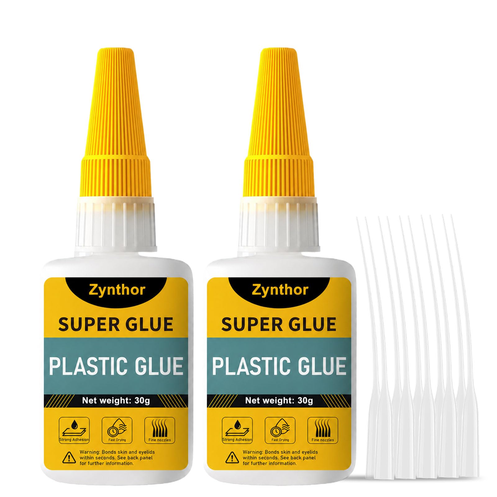 Zynthor Plastic Glue 60g (2 x 30g), Extra Strong Super Glue for Plastic with Anti-Clog Cap and 10 Precision Tips, Clear Waterproof Adhesive for Plastic, Model Making and DIY Repair