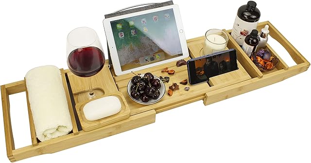 SMIBUY Bamboo Bathtub Caddy Tray, Expandable Bath Table Over Tub For 1-2 Person, Luxury Bath & Bed Tray with Wineglass Book & Free Soap Holder (Natural)