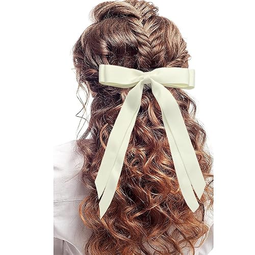Miniatura 2 de Clips para el cabello, 2 cintas de satén para el cabello para mujer con borla larga, lazos grandes para diseño de cabello (rosa + beige)