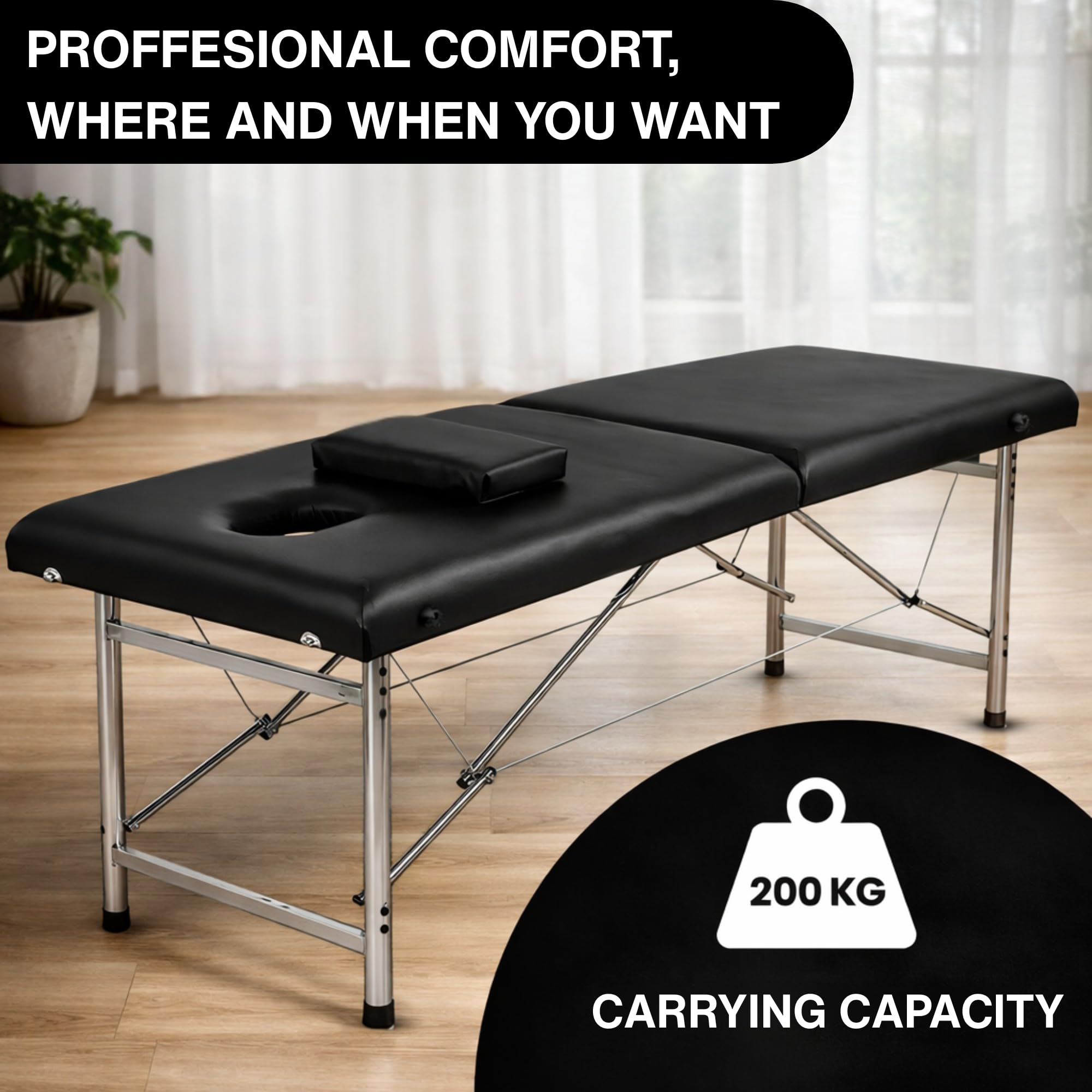 Table de Massage Pliante Professionnelle Maya 2 Zones - Lit Esthétique Léger en Aluminium | Table Pliante Hauteur Réglable 60-80cm | Revêtement Cuir Synthétique avec Poignée, Noir