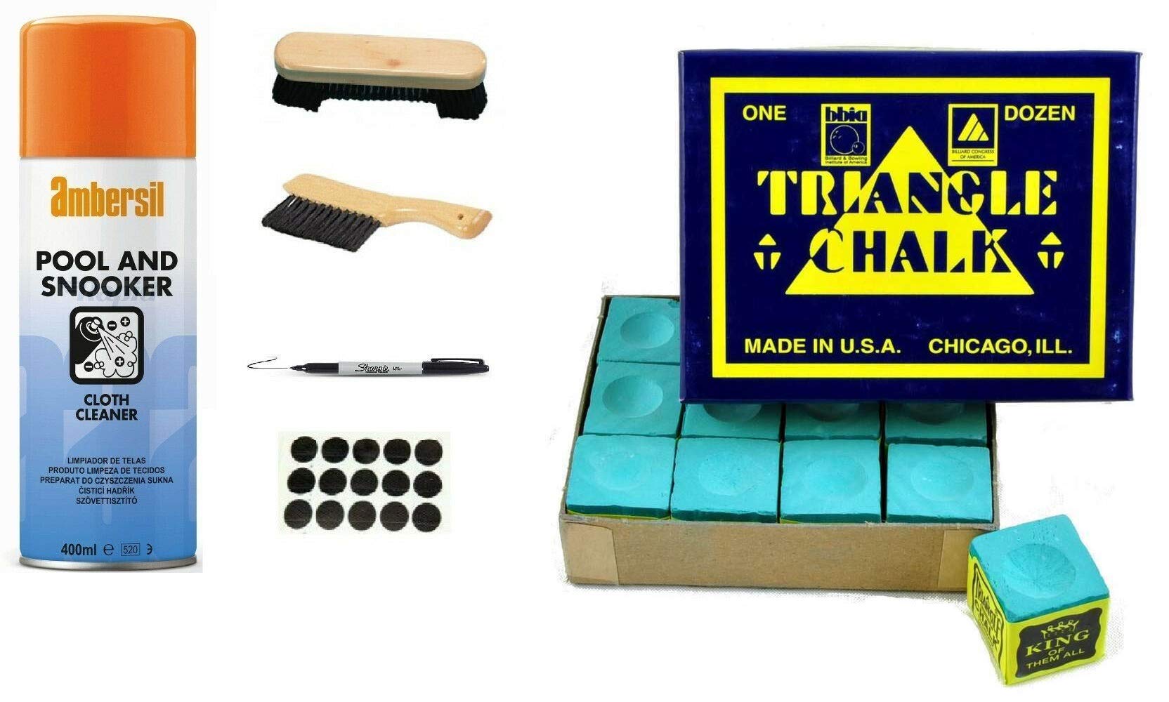 cueball16 CLEANING/VALET KIT For POOL/SNOOKER 6,7,8 ft TABLES, Includes BRUSHES, CLOTH CLEANER, Spots, Pen, R.L.B.C. Sales Instruction Sheet, Box of 12 GREEN TRIANGLE Chalks