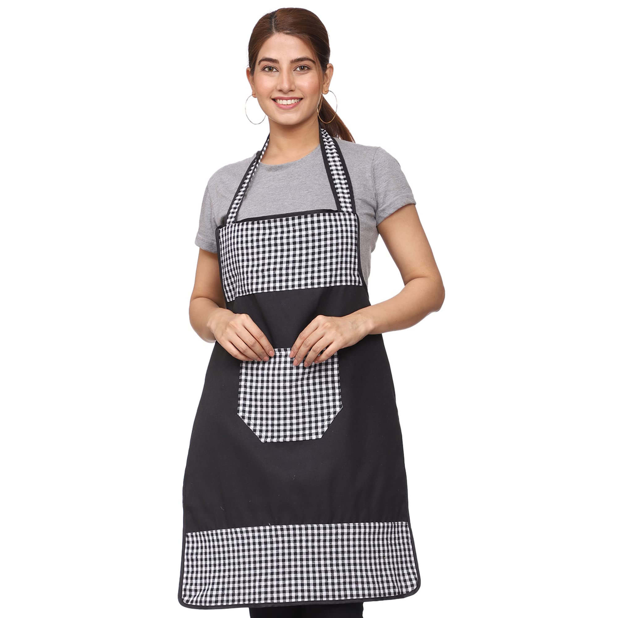 JMi MI Check and Plain Fabric Designer Waterproof Apron With Front Multi Purpose Pocket For Kitchen, Cooking, Dusting, Home.