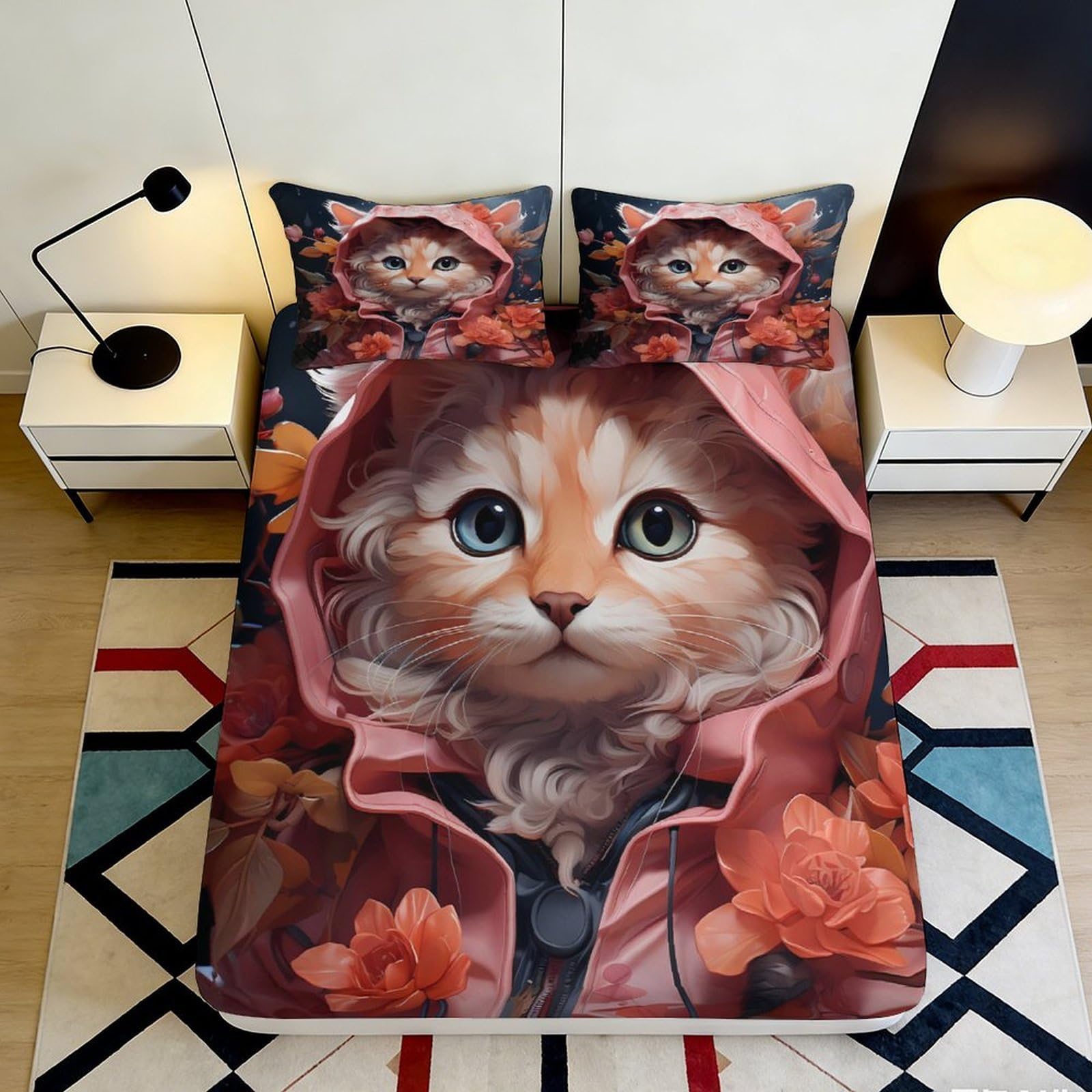 Jqzkxnhpbr Style-9 3D Printed Cute Cat Fitted Sheet Microfiber Soft Breathable Floral Hooded Kitten Mattress Cover For Bedroom Guest Room Decor 90X200x25cm