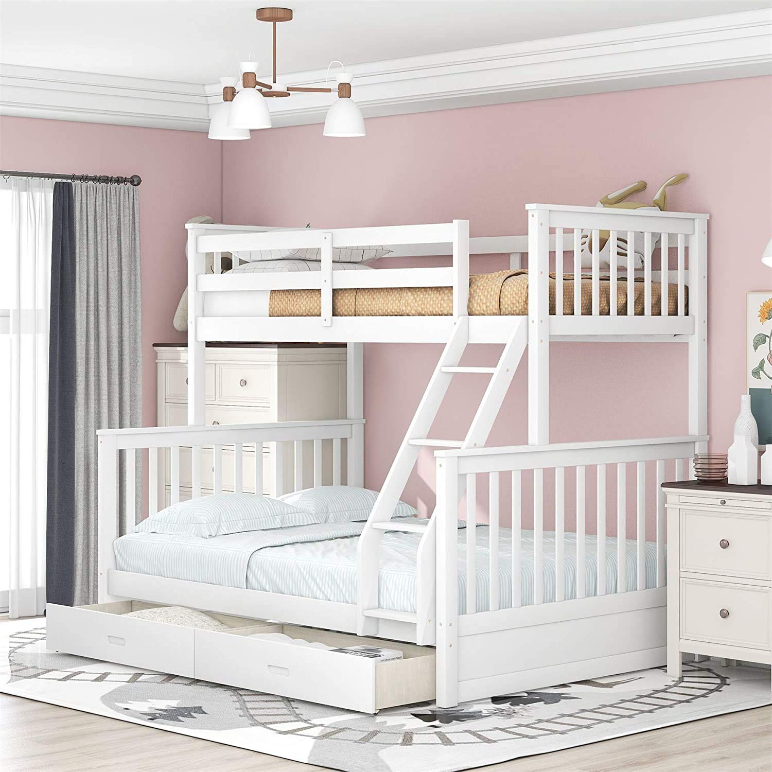 Amazon.com: Harper & Bright Designs Twin Over Full Bunk Bed ,Wooden Bunk  Beds with Ladders and Two Storage Drawers, White : Home & Kitchen