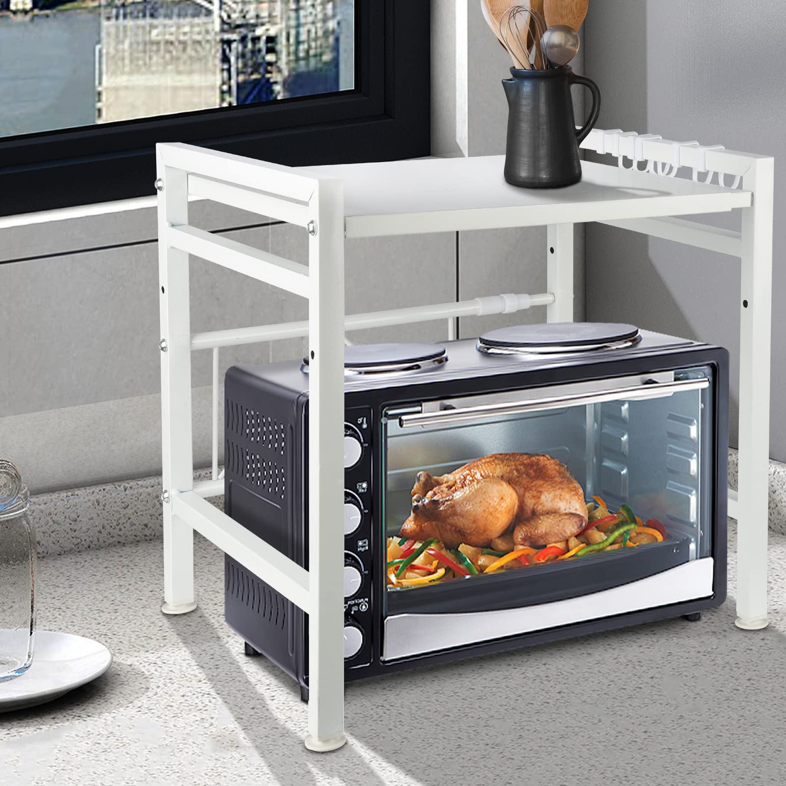 MAYMA Supporto portaoggetti da cucina, supporto estensibile in metallo, mensola forno a microonde, organizer porta spezie, con 2 livelli di scaffale estensibile, con 3 ganci
