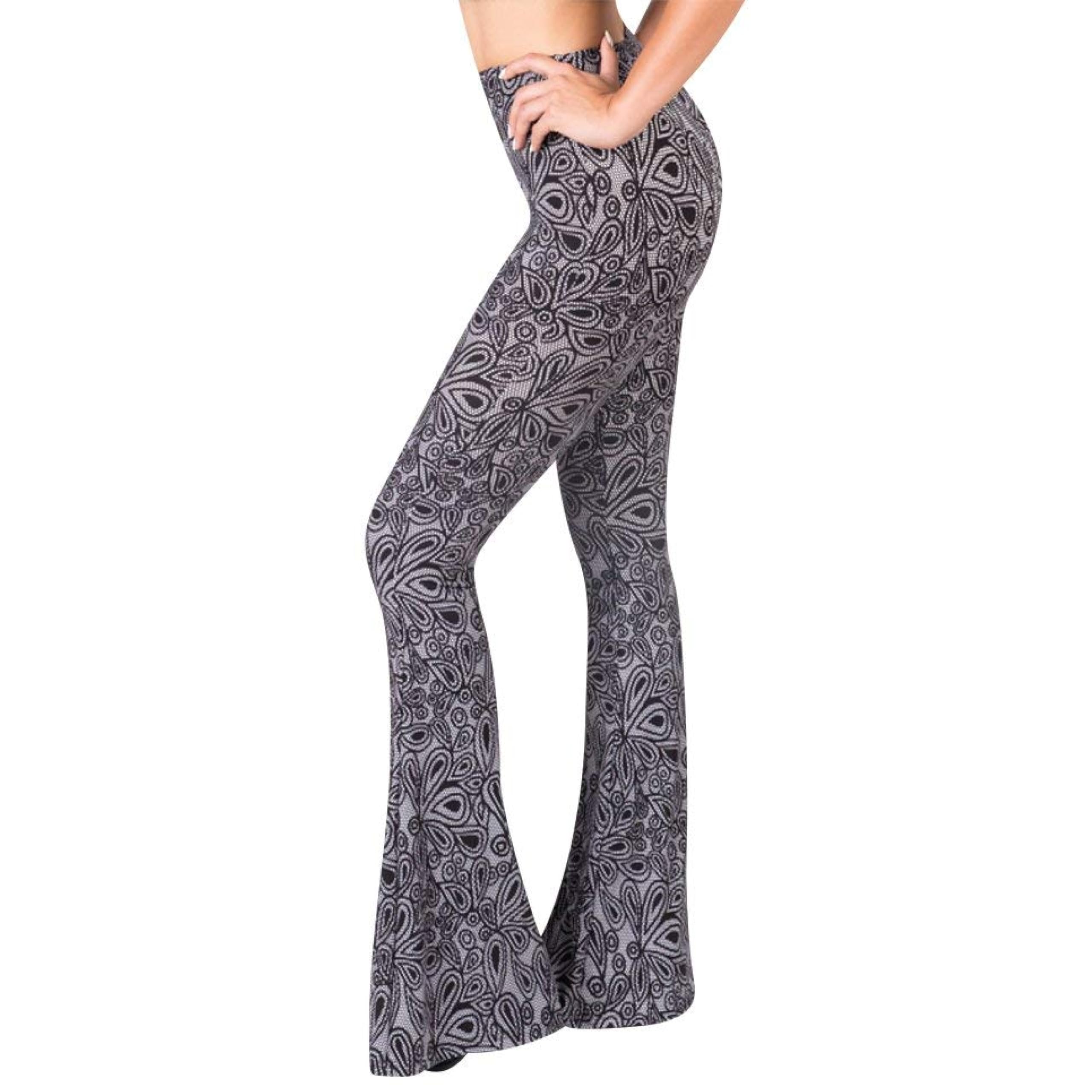 satina womens high waisted flare wide leg leggings, printed and solid, reg and plus, 06 herbage white, large