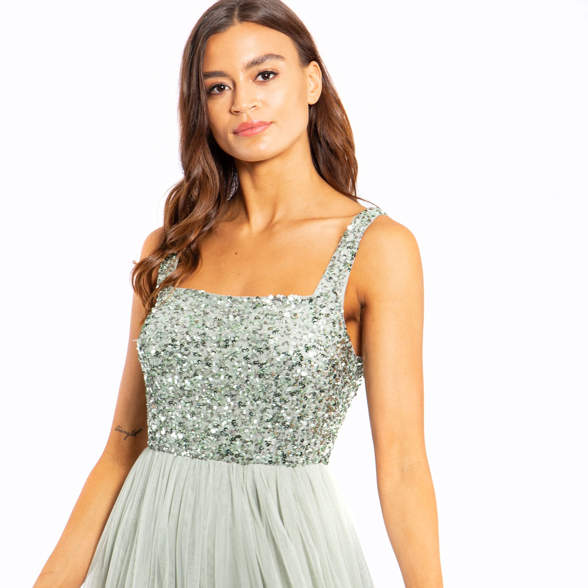 Damen Maxikleid mit Breiten Trägern, Ärmellos, Quadratischer Ausschnitt, Verziert für Hochzeit, Gast, Abschlussball