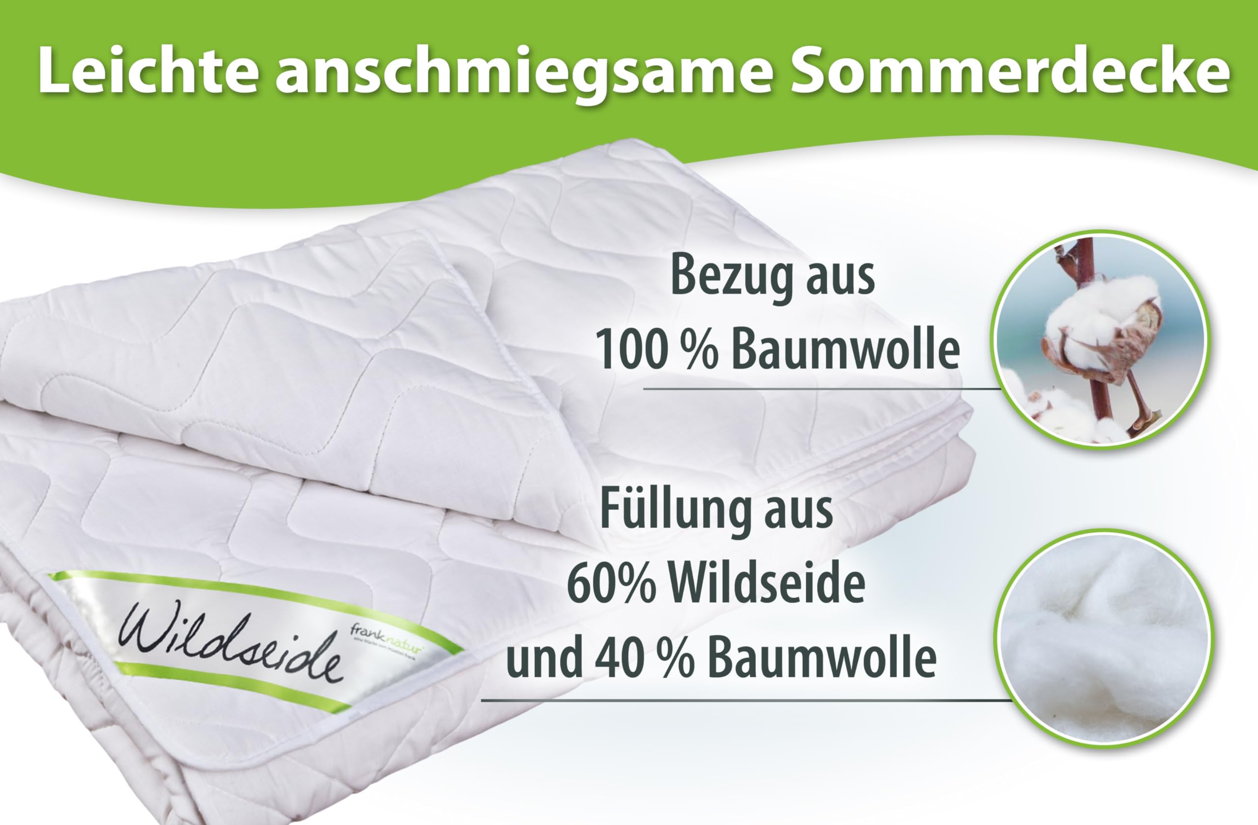 franknatur Sommerdecke 140x200 Bettdecke leichte Wildseidendecke | Sommerbettdecke aus Wildseide und Baumwolle, temperaturausgleichend, atmungsaktiv, waschbar bis 90 Grad, Oeko-TEX