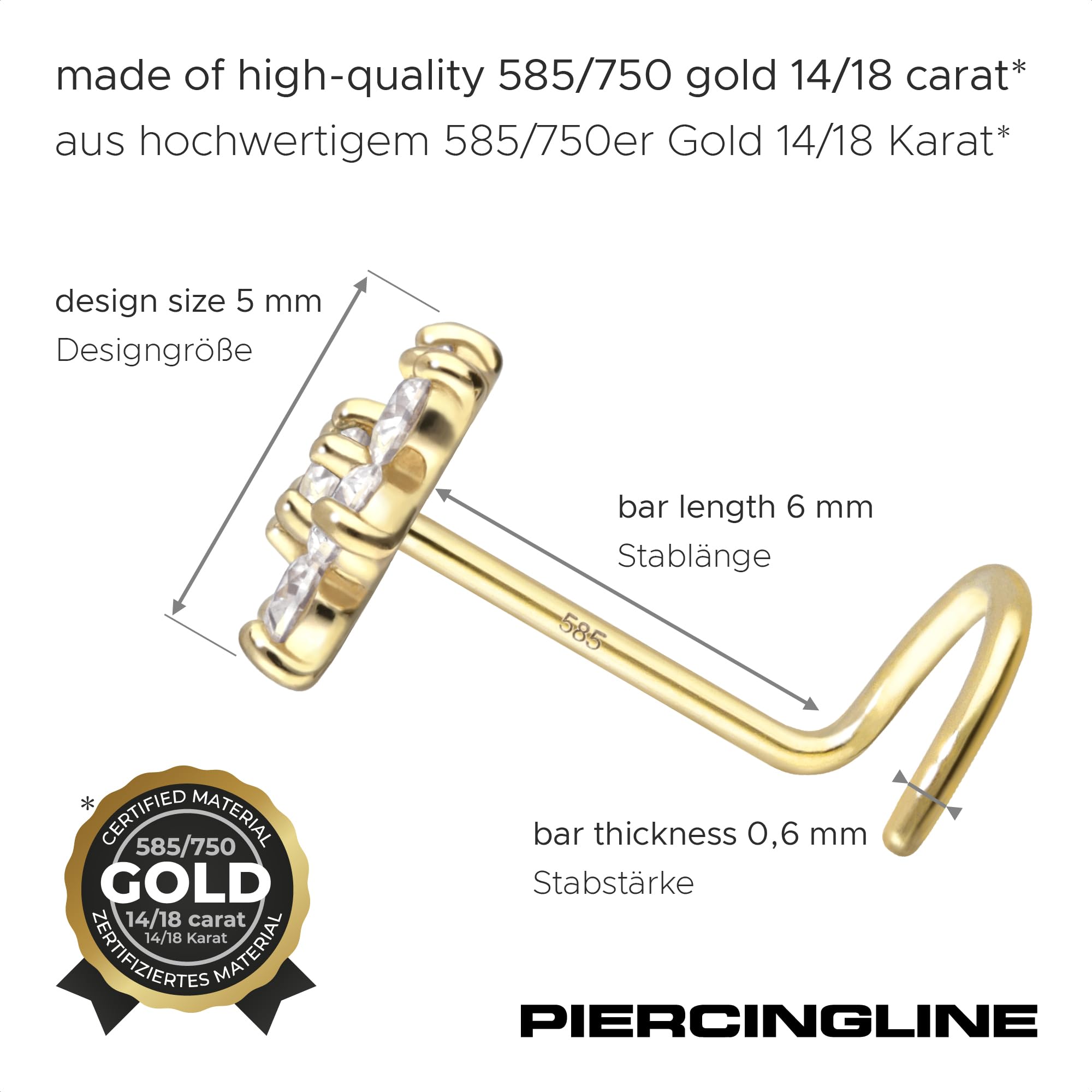 PiercingLINE Piercing de nariz de flor de cristal, en oro real de 18 quilates