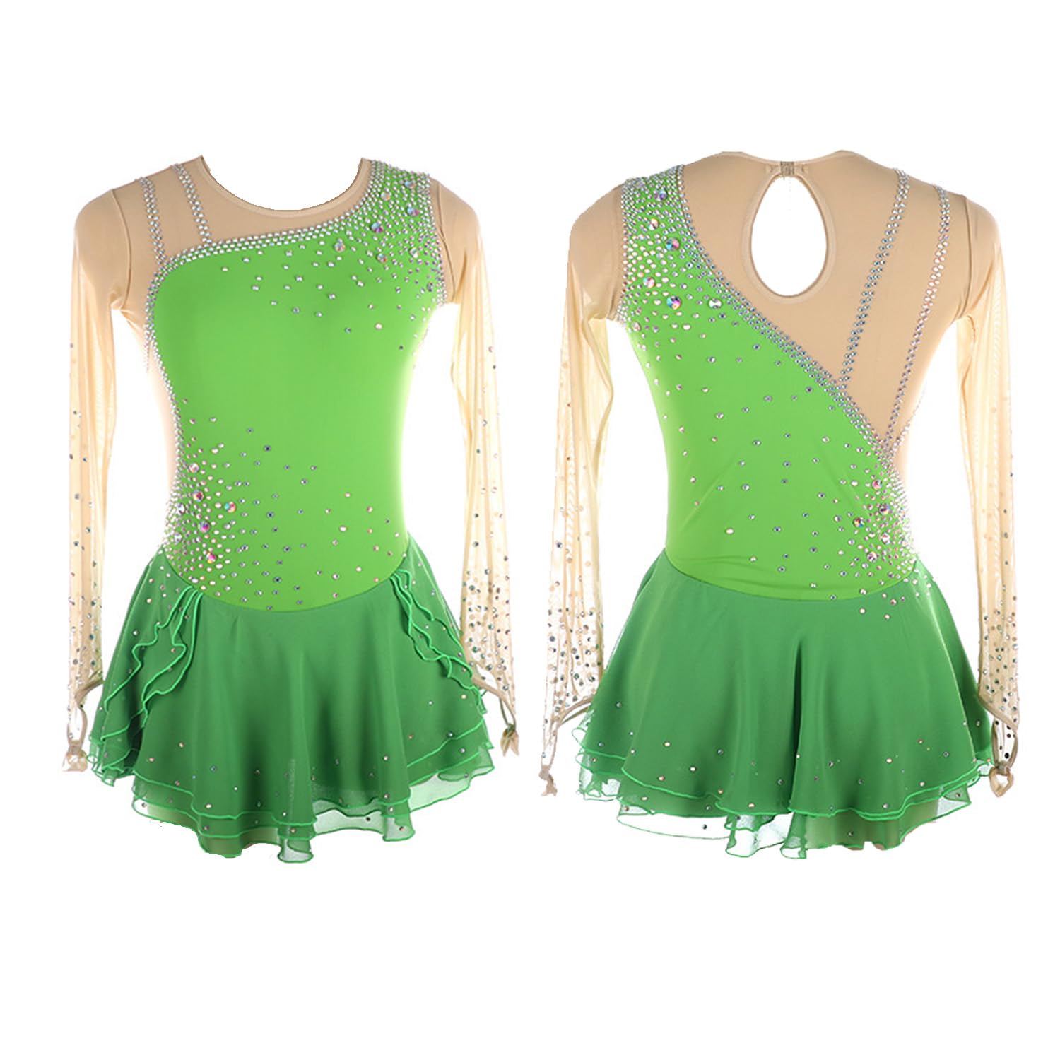 Eislaufkleider Mädchen Glitzer Eiskunstlauf Kleid Damen Langarm Kürkleid Strass Rollkunstlauf Wettbewerb Tanzanzug Ballerina Kleid,Grün,S