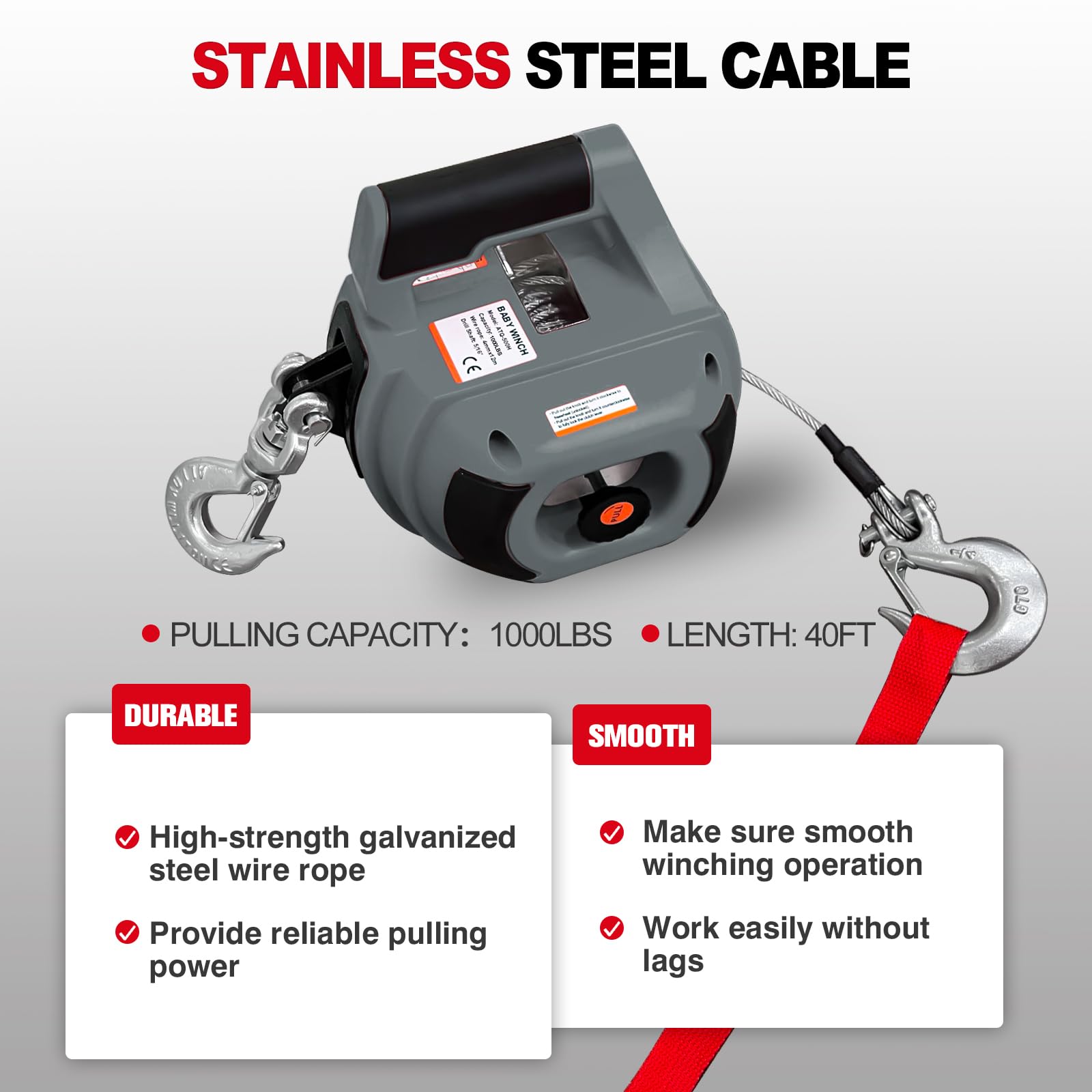 Cabrestante portátil para taladro de 453 kg con cable de acero de aleación de 12,2 m, para elevación, arrastre, manipulación y remolque, color gris