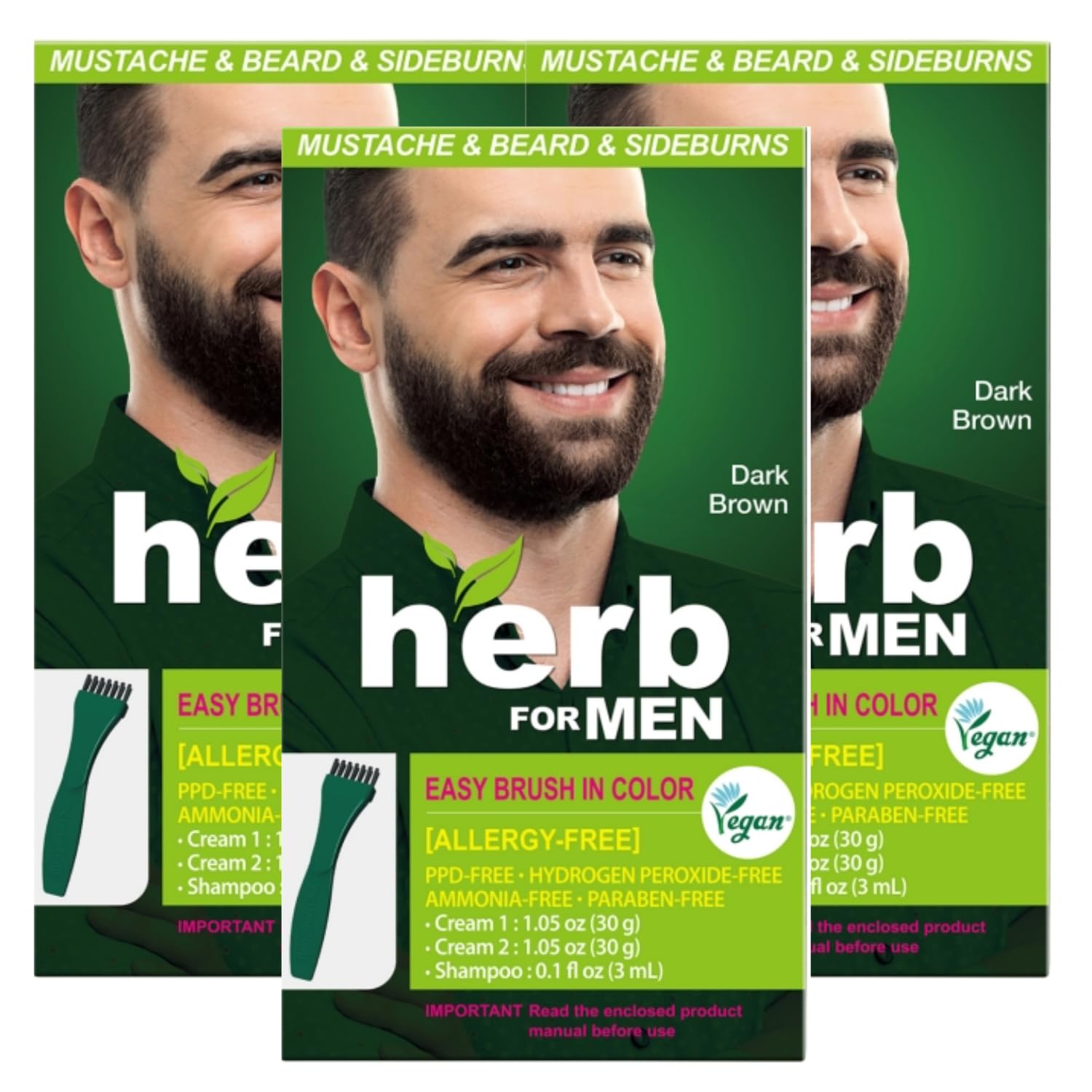 Herb For Men Mustache & Beard Dye (Dark Brown, 1 Pack), PPD-Free Ammonia-Free, Vegan with Natural Ingredients, Odorless, Gentle for Sensitive Skin, No Skin Irritation