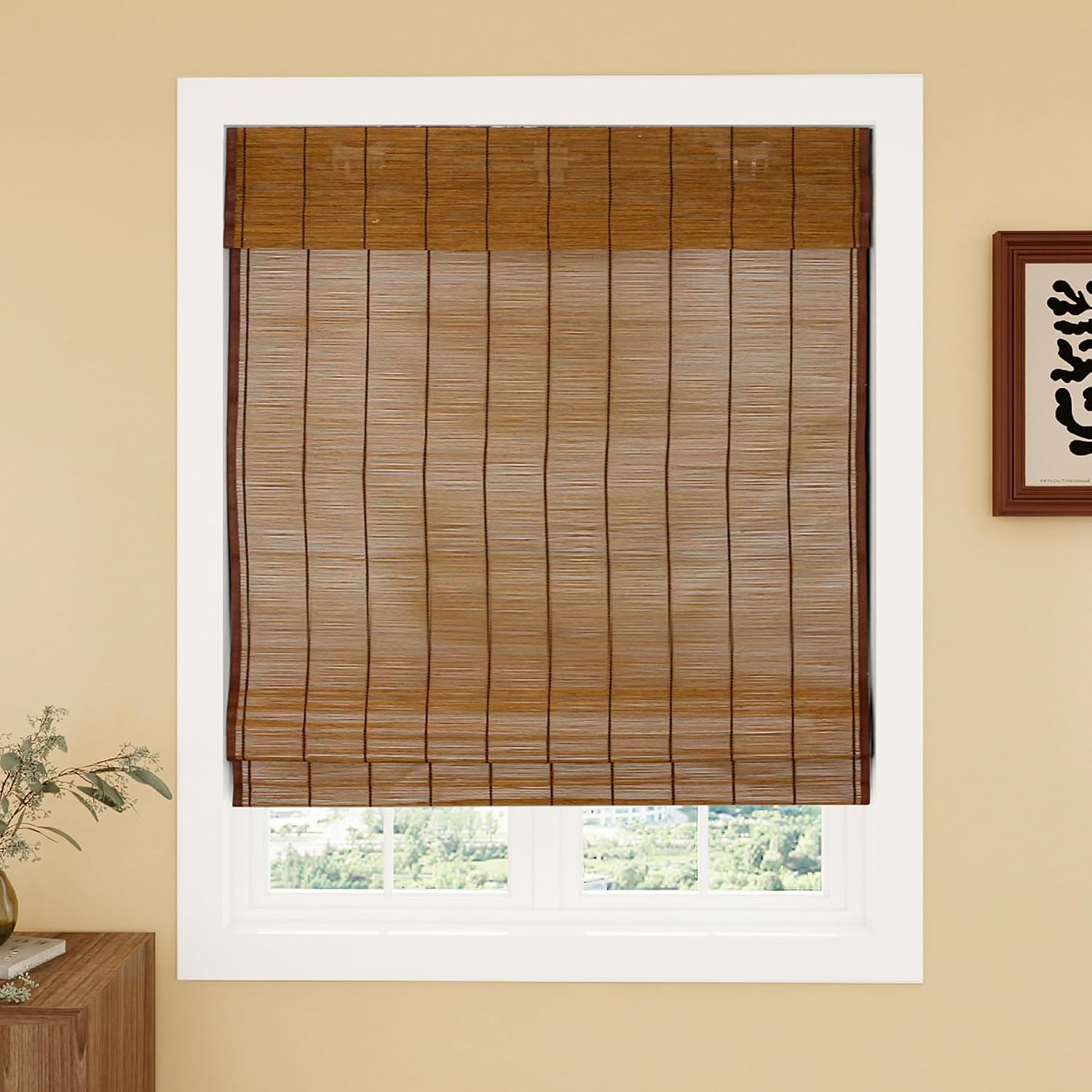 LUSTROWIN Natural Bamboo Cordless Roman Blinds with Valance - Light Filtering, 35" W x 48" H, Stylish Light Brown Bamboo Blinds for Bedroom & Living Room Windows