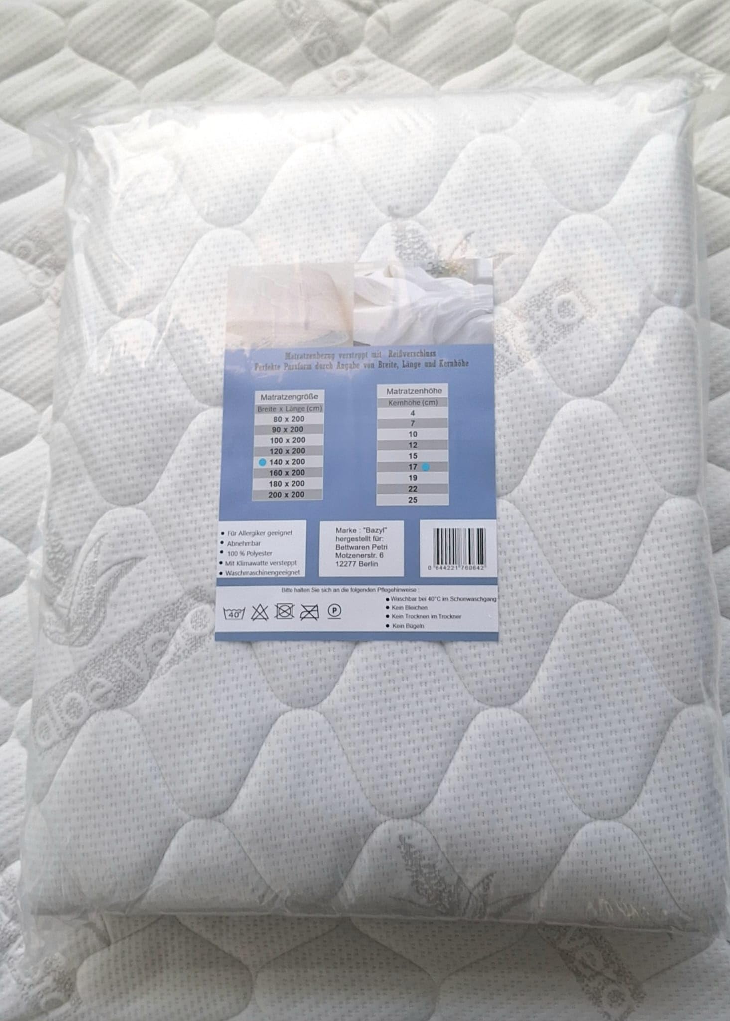 Bazyl Funda de colchón 90 x 200 cm. Colchón Acolchado con Cremallera para una Colchón (90 x 200 x 25 cm)