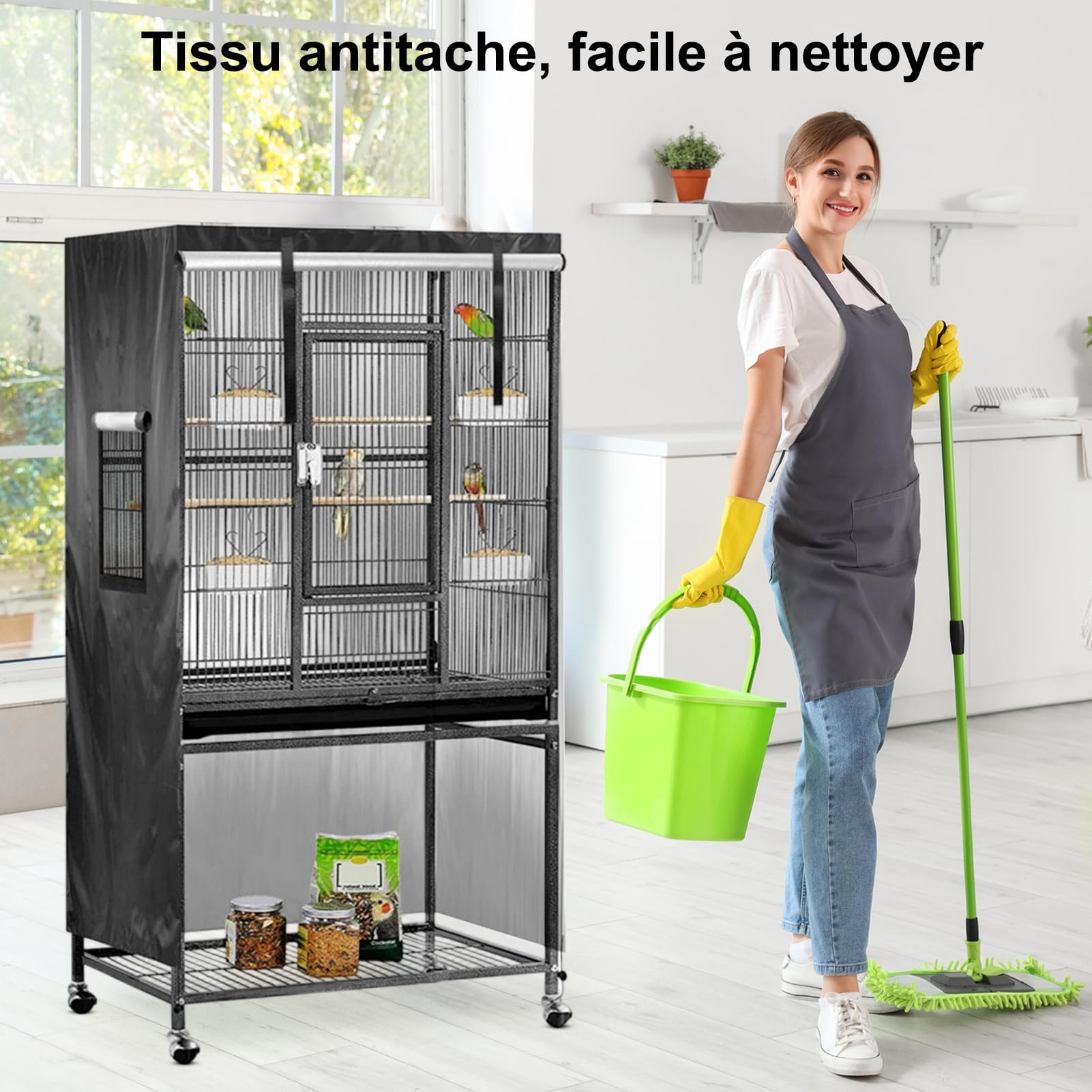 Grande copertura impermeabile traspirante per gabbia per uccelli, 96 x 60 x 130 cm, regolabile, morbida, traspirante, lavabile, protezione dall'usura (nero)