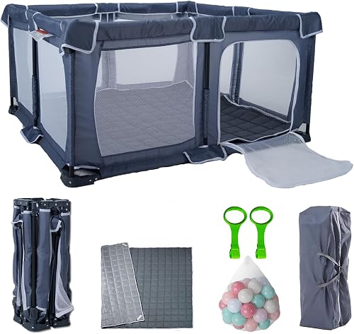 Foldable Baby Playpen 50"X50",Play Pen for Babies and Toddlers, Portable Playpen, Kids Collapsible Play Pen, Indoor & Outdoor Baby Fence with Visible Mesh,Safety Area Travel Play Yard with mat (Grey)