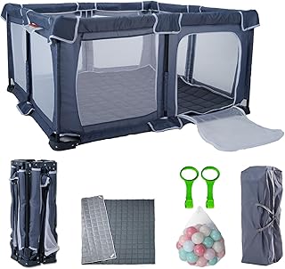 Foldable Baby Playpen 50"X50",Play Pen for Babies and Toddlers, Portable Playpen, Kids Collapsible Play Pen, Indoor & Outdoor Baby Fence with Visible Mesh,Safety Area Travel Play Yard with mat (Grey)