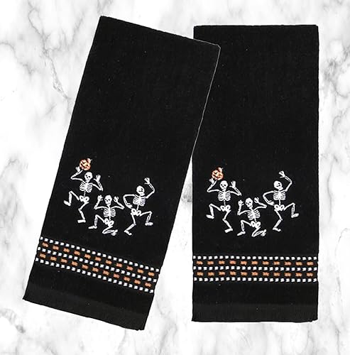 Miniatura 3 de SeasonsEasy Toallas de Halloween, juego de 2 toallas de mano de baño, diseño de esqueleto bordado, trío bailarín, decoración de baño
