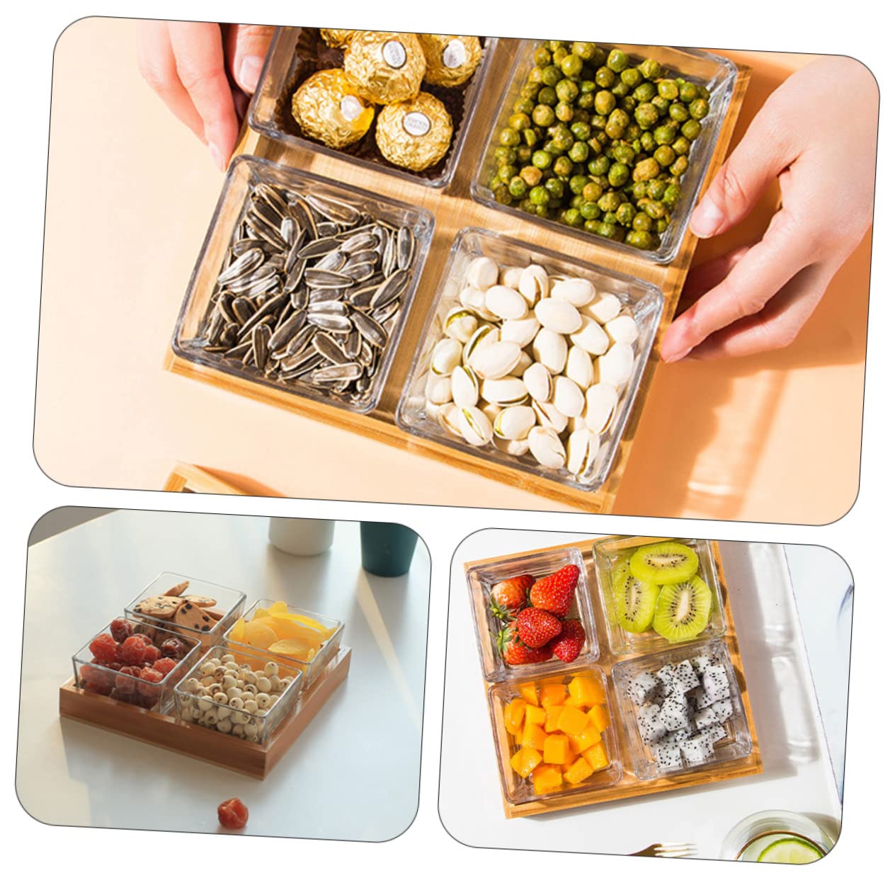Zerodeko Plateaux de Service en Verre Divisé pour Fruits Secs et Noix Support en Bois, Design Solide et Multifonction pour Collations et Apéritifs Couleur Aléatoire