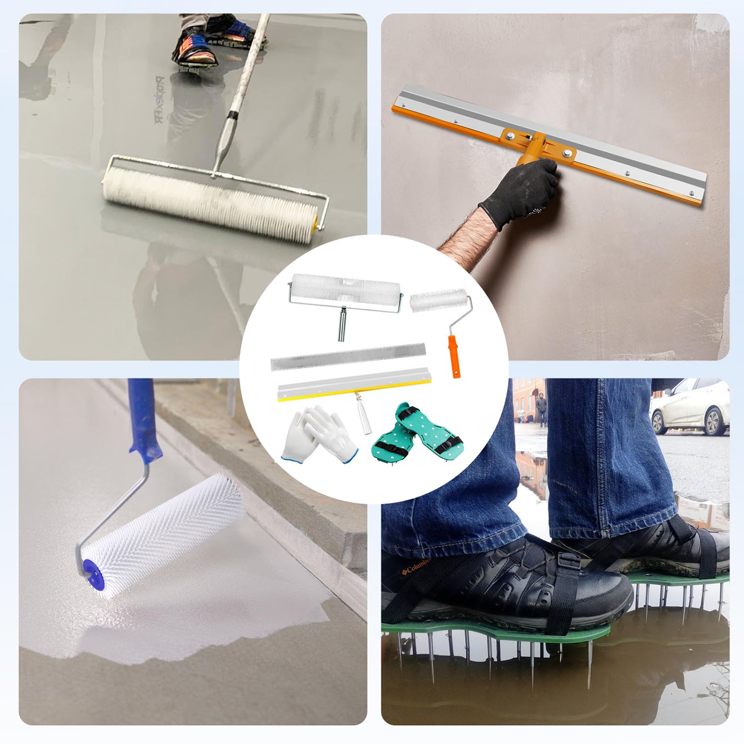 Kit d'outils de ciment autonivelant,Outils de Ciment Ragreage,Rouleaux anti-mousse de 23 cm et 50,8 cm,Raclette grande surface de 56 cm + botte à crampons de 3 cm,pour Niveler les Murs du Sol Composé