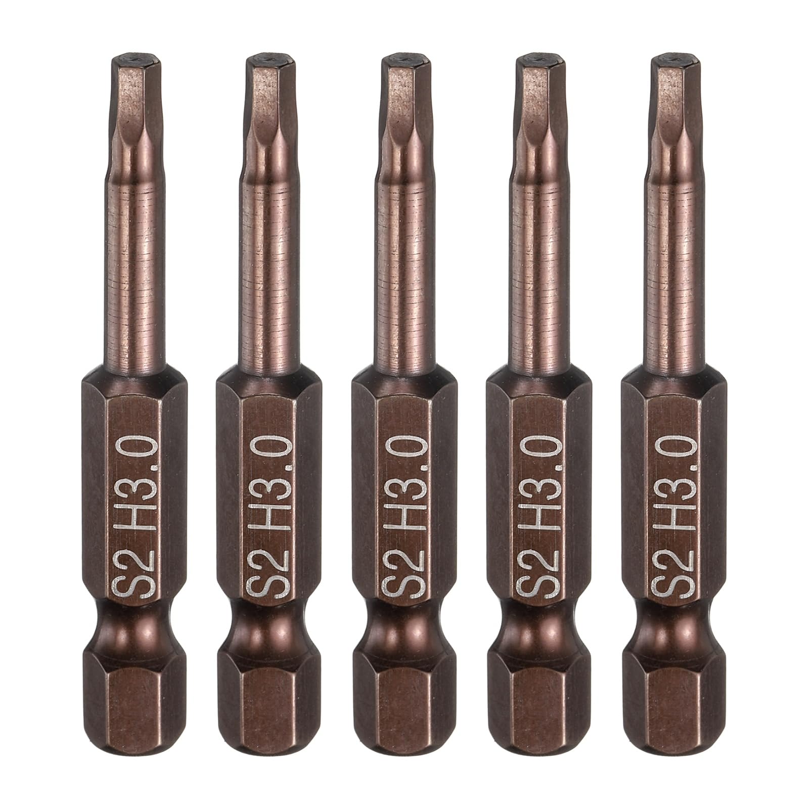 sourcing map 5pcs Flat Hex Head Drill Bit H3.0 (3mm) Magnetic Tip 1/4" Hex Shank 50mm (2") Long S2 Steel Metric Hexagonal Screw Driver Screwdriver Bits Wrench Socket, Copper Tone