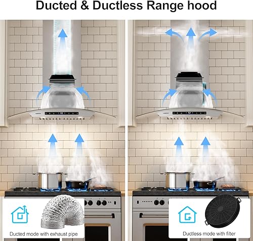 Miniatura 4 de Campana extractora de montaje en pared de 30 pulgadas 900 CFM con conductossin conductos convertible, ventilación de chimenea de cocina de acero