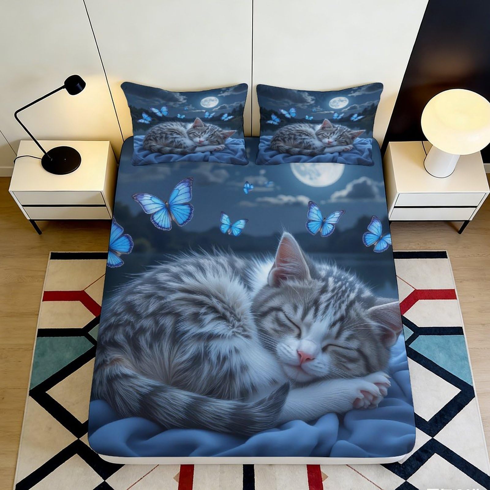 3D Printed Sleeping Cat Fitted Sheet Microfiber Soft Blue Night Moon Butterfly Mattress Cover Bedroom Dorm Decor 90x200x25cm