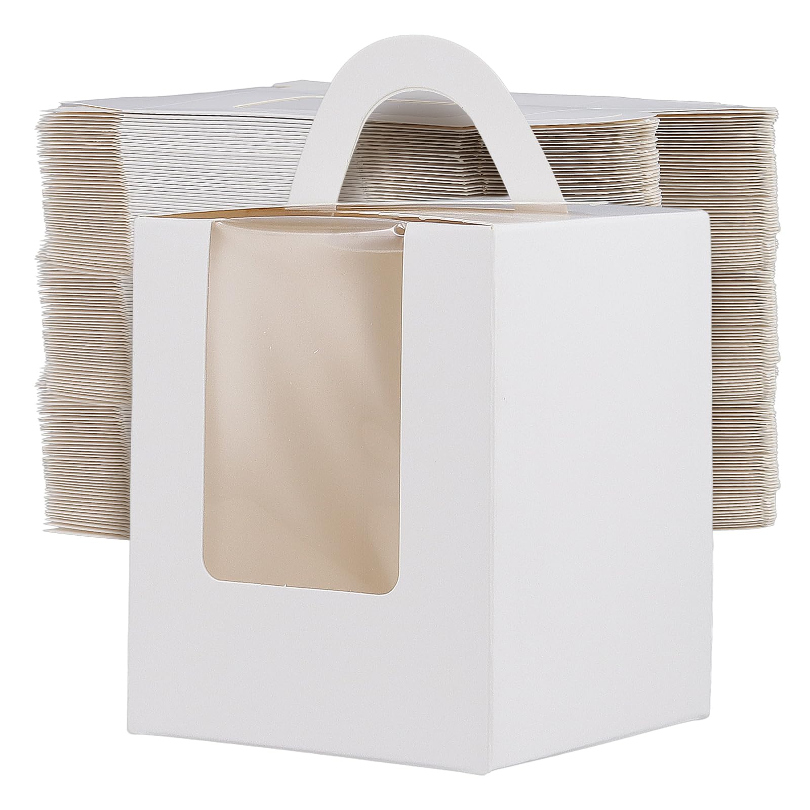 Pingeui White 100 Pcs Individual Cupcake Boxes, Single Cake Boxes With Handle, Window And Insert, Bakery Box For Birthday Wedding Parties