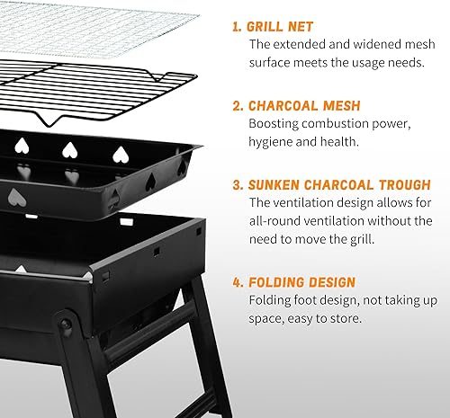 Miniatura 3 de Parrilla de carbón portátil de 17 pulgadas, parrillas de carbón plegables portátiles para barbacoa, mini ahumador de mesa, parrilla de barbacoa