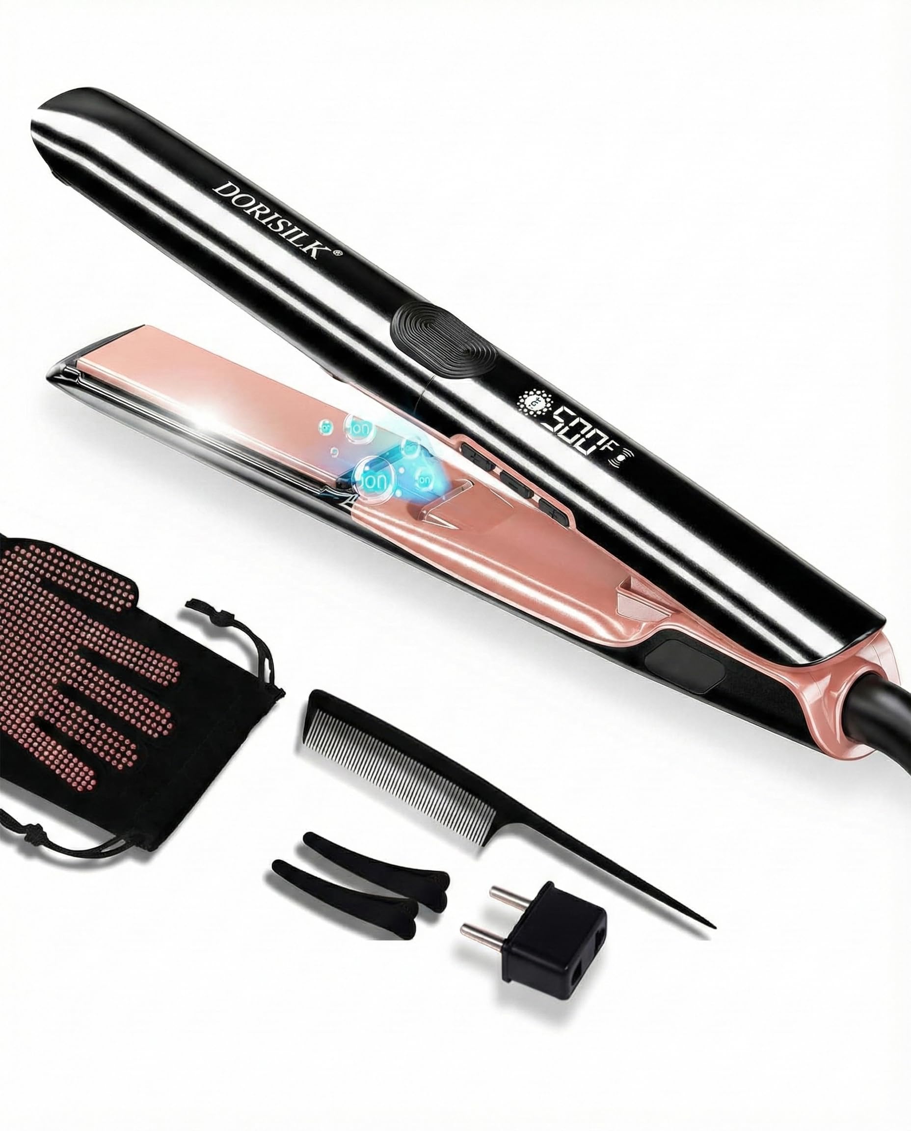 DORISILK 500 Degree High Temp Professional Hair Straightener，30s Fast Heating Ceramic Flat Iron ，2 in 1 Hair Straightener and Curler，Plasma Flat Iron Get Frizz-Free ，Dual Voltage for Travel Using