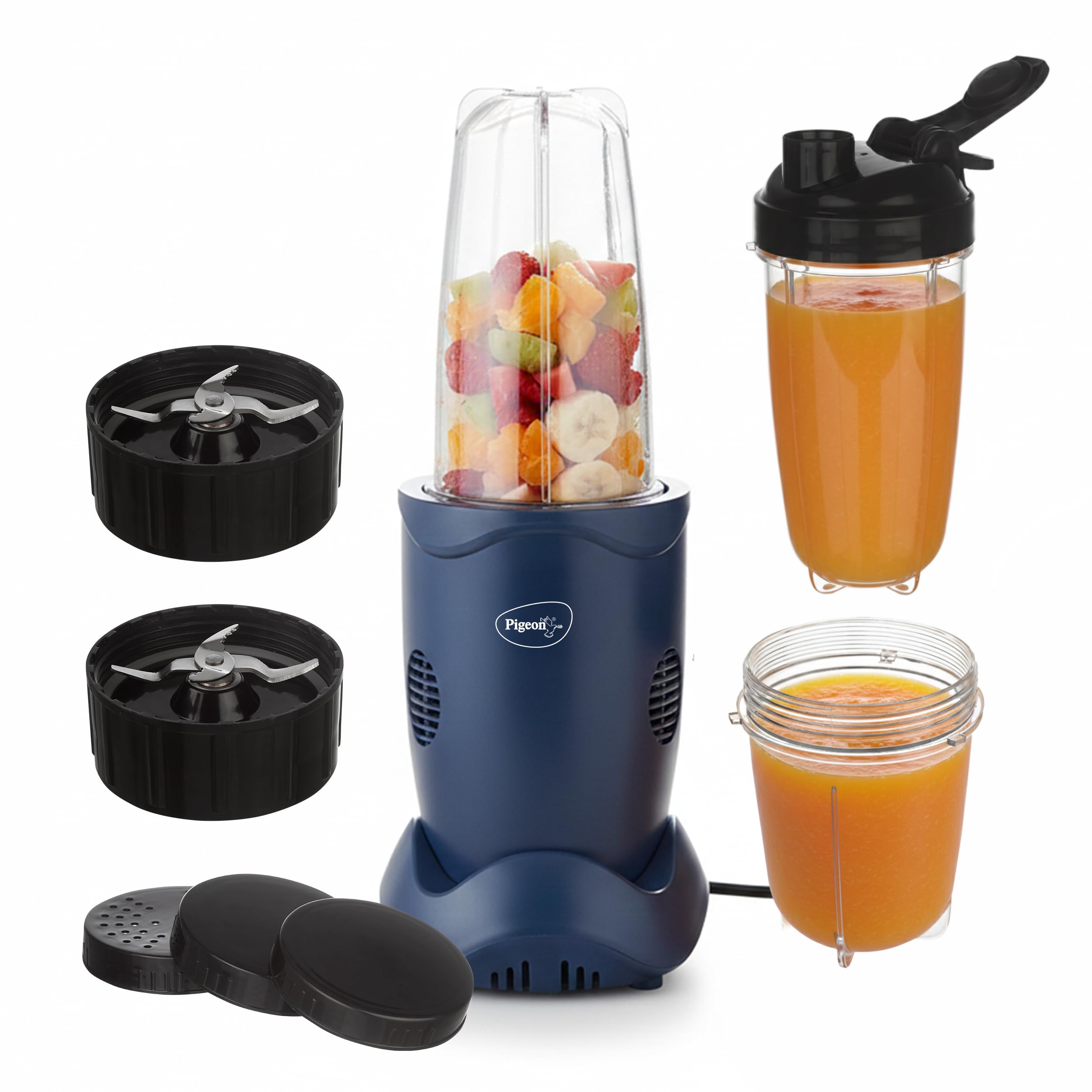 Pigeon By Stovekraft Quick Blend | Grinder Juicer Blender Smoothie Maker All-in-1 Machine | 400 Watt | 3 Jars 500ml,Dry Grind 300ml,1 Sipper, 1 Strainer lid, 2 Cap |2 Blades|1 Year Warranty