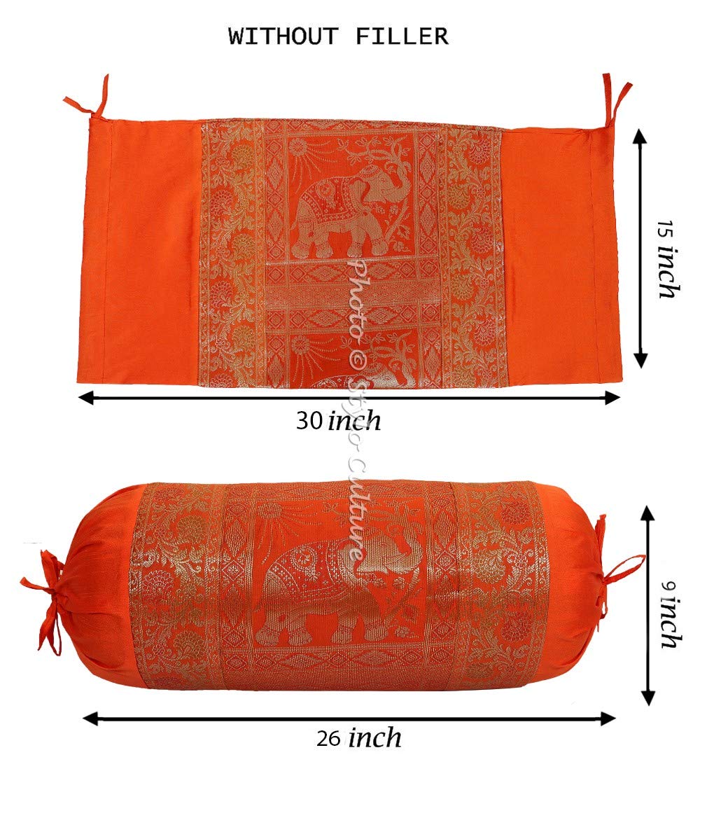 2 Fodere Per Cuscino Cilindrico Yoga – Polydupion Arancione Con Bordo Jacquard Mandala – Cuscino Bolster 76x38 Cm – Copertura Per Relax E Arredamento