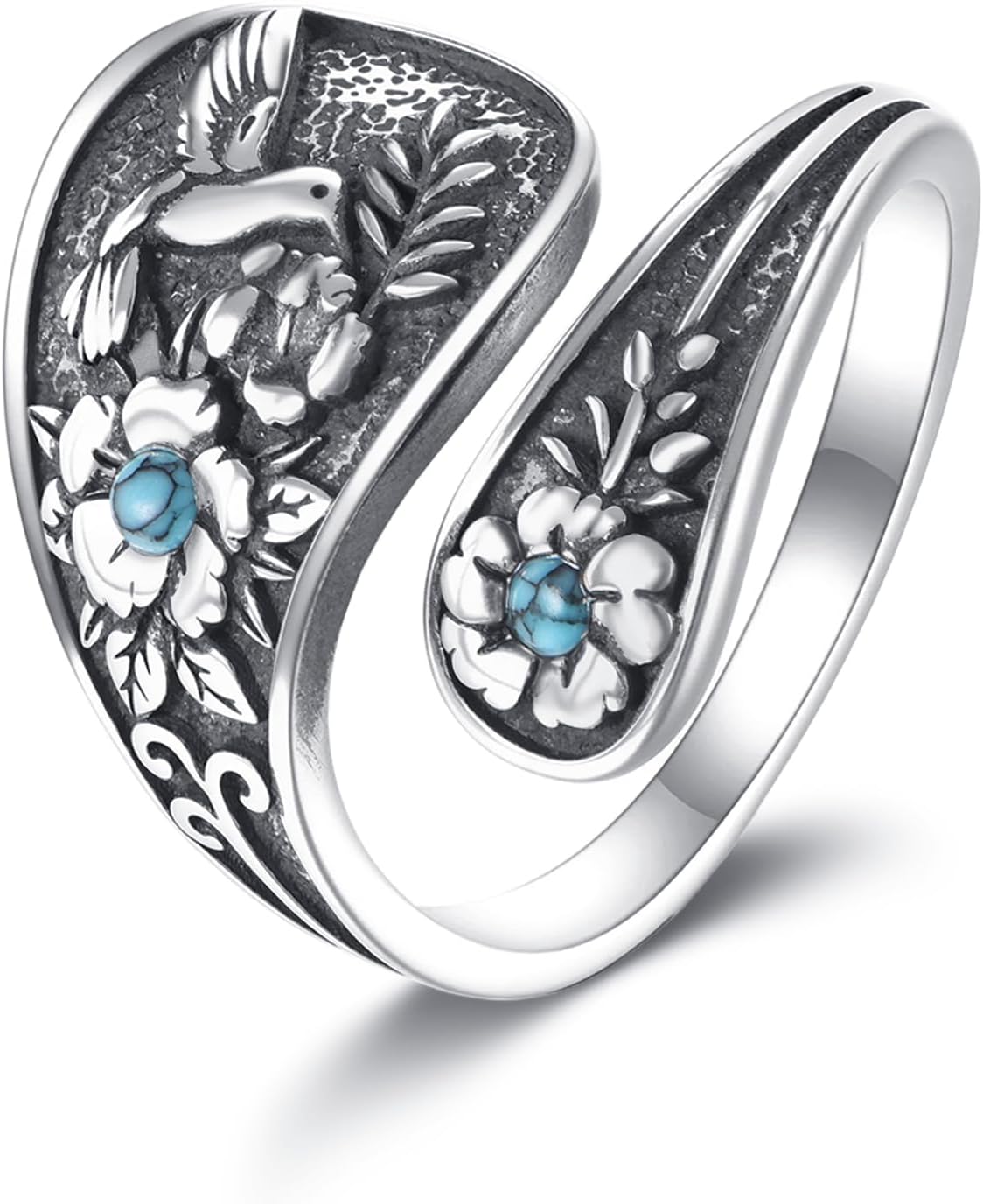 Hummingbird/Dragonfly Turquoise Ring 925 Sterling Silver Floral Spoon Rings Vintage Thumb Band Oxidized Wrap Adjustable Bands Jewelry Gifts for Women Wife Mother Christmas Birthday