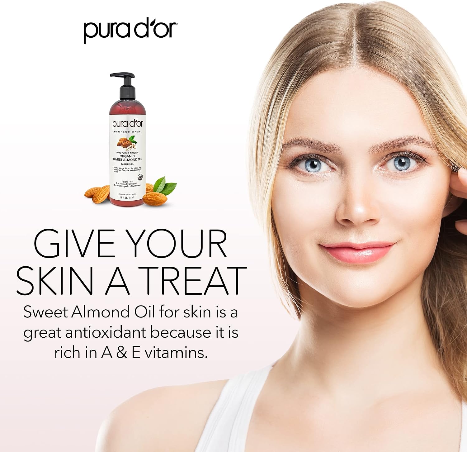 PURA D’OR Carrier Oil: Organic Sweet Almond Oil (473 mL) USDA Certified Organic 100% Pure & Natural Soothing Oil for Skin & Face - Image 5