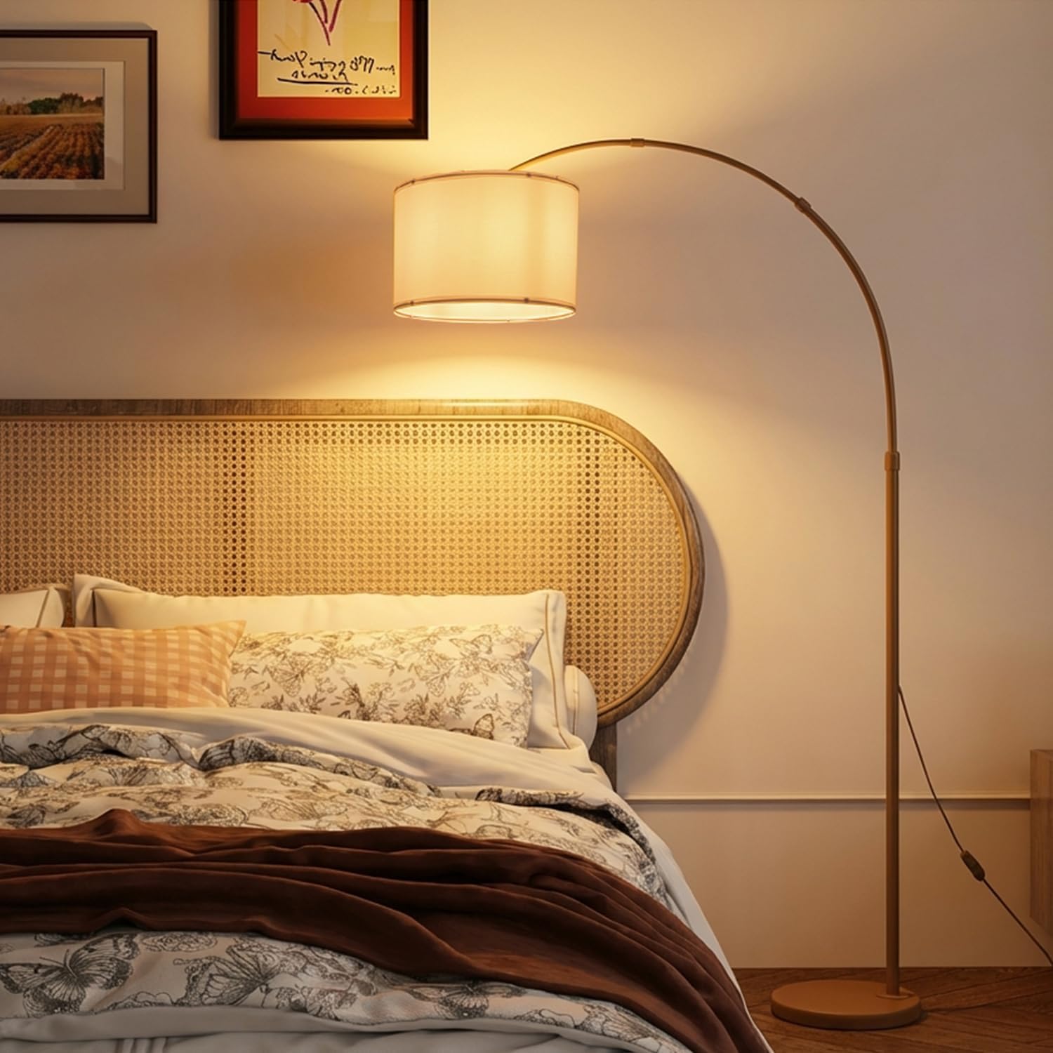 White Arc Floor Lamp with Marble Base, Modern Standing Floor Lamp with Adjustable Height Rotating Head, Tall Pole Lamp with Linen Shade, Over Couch Reading Light for Living Room Bedroom Office Corner