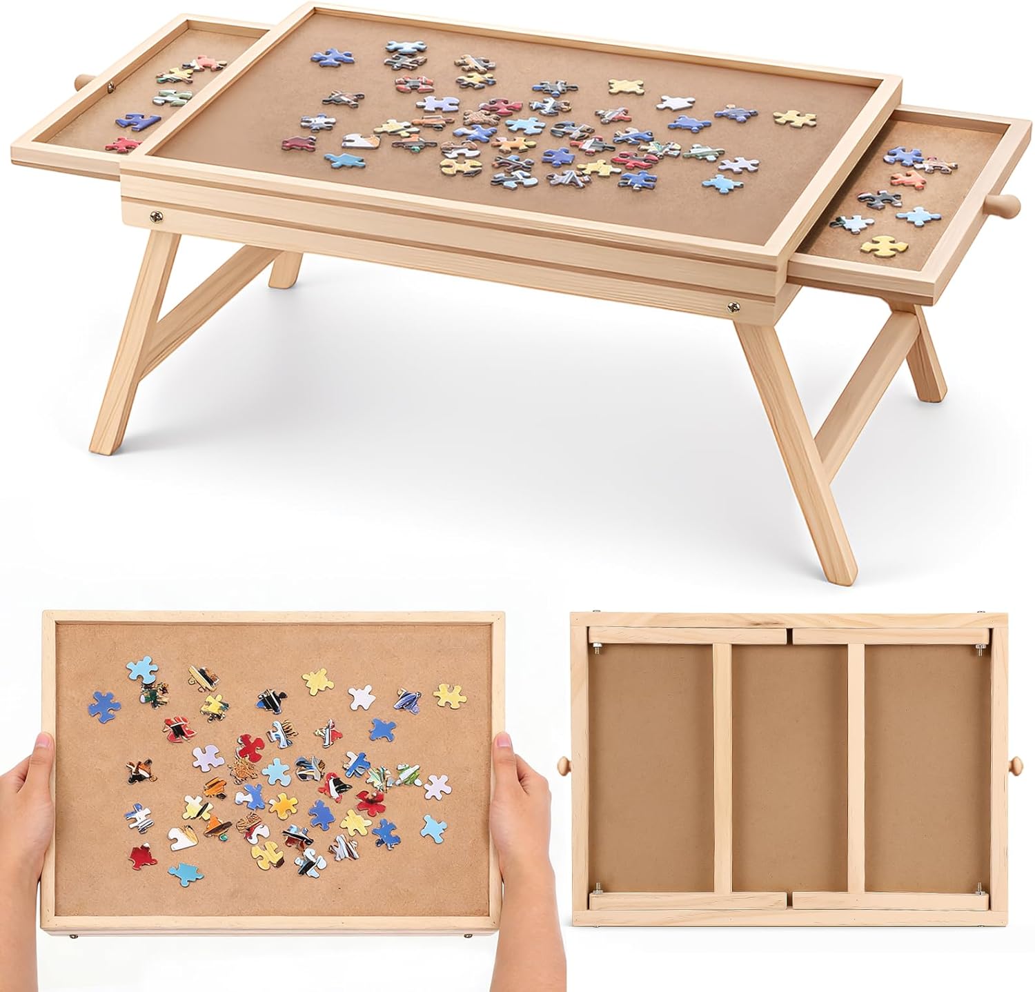 Small Puzzle Board with Legs 16.5 x 13 Inch Portable Puzzle Table with 2 Drawers Wooden Jigsaw Game Board Suitable for Personal