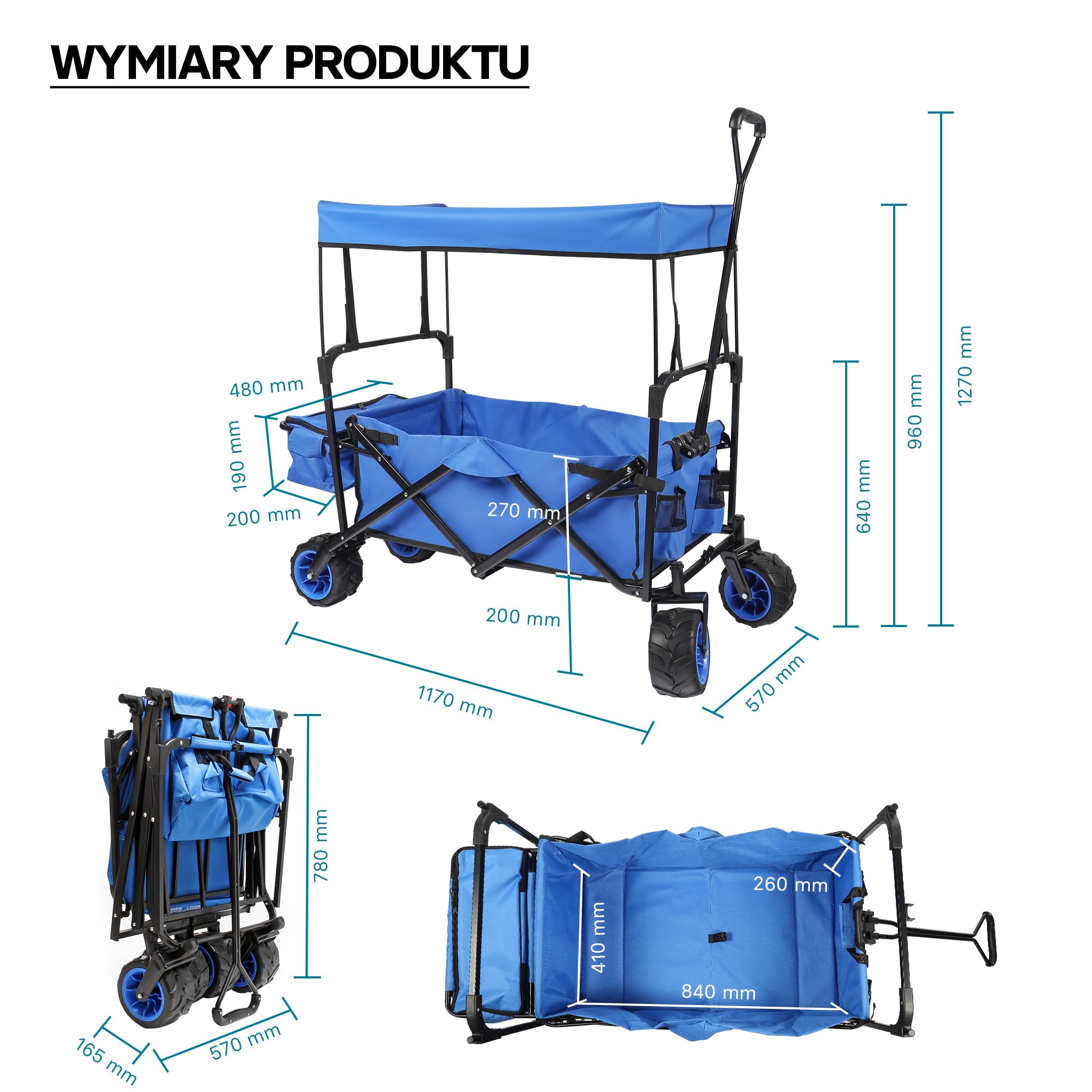 Wiltec składany wózek z daszkiem przeciwsłonecznym, składany wózek o maksymalnym obciążeniu 70 kg, składany wózek z dużą powierzchnią ładunkową i torbami, nadający się do terenów offroad