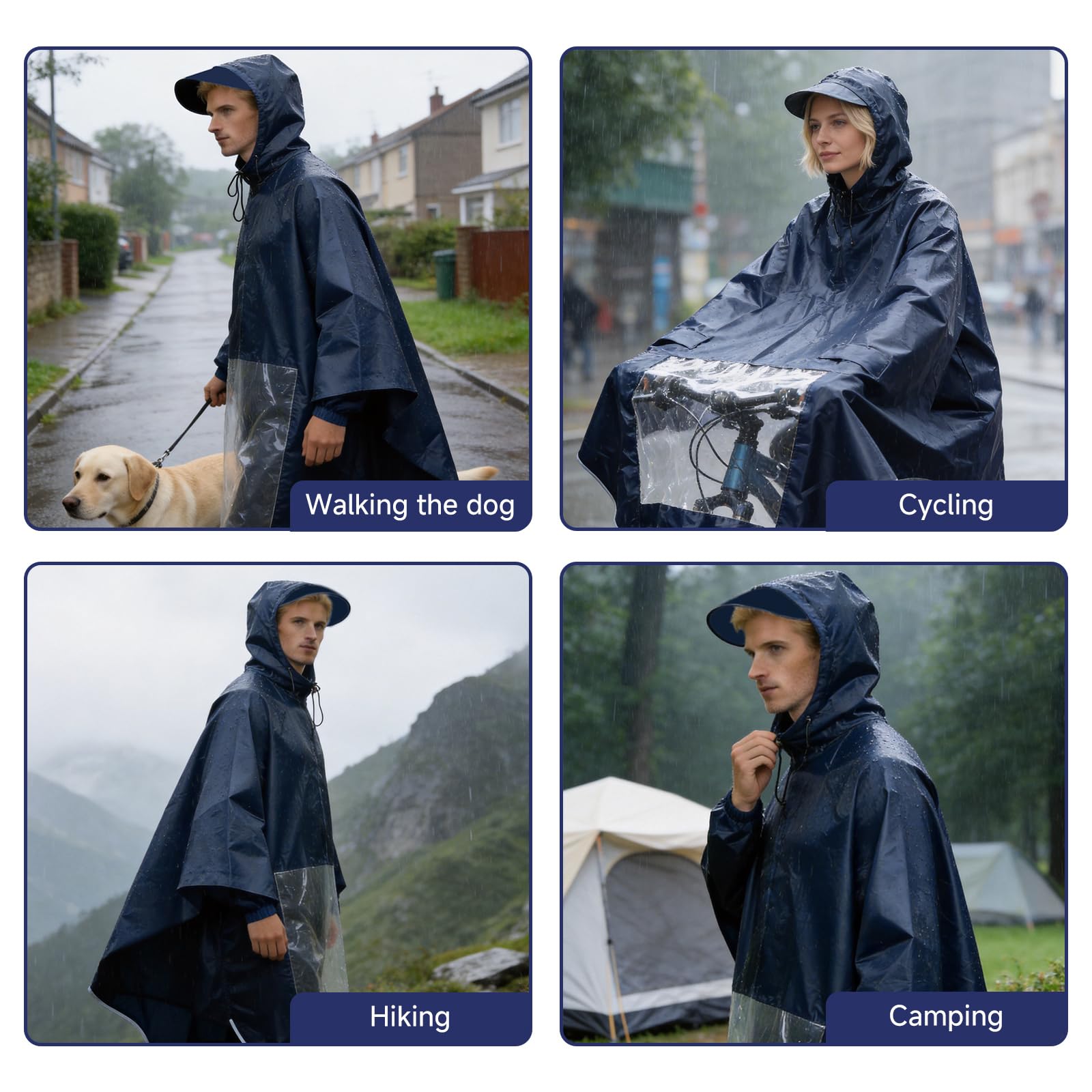 Regenponcho Fahrrad Damen & Herren Regenschutz Wasserdichter Regencape mit Kapuze & Sichtfenster Regen Cape Coat Regenjacke Regenponcho mit 360° Reflektorstreifen für Nachtfahrten Outdoor
