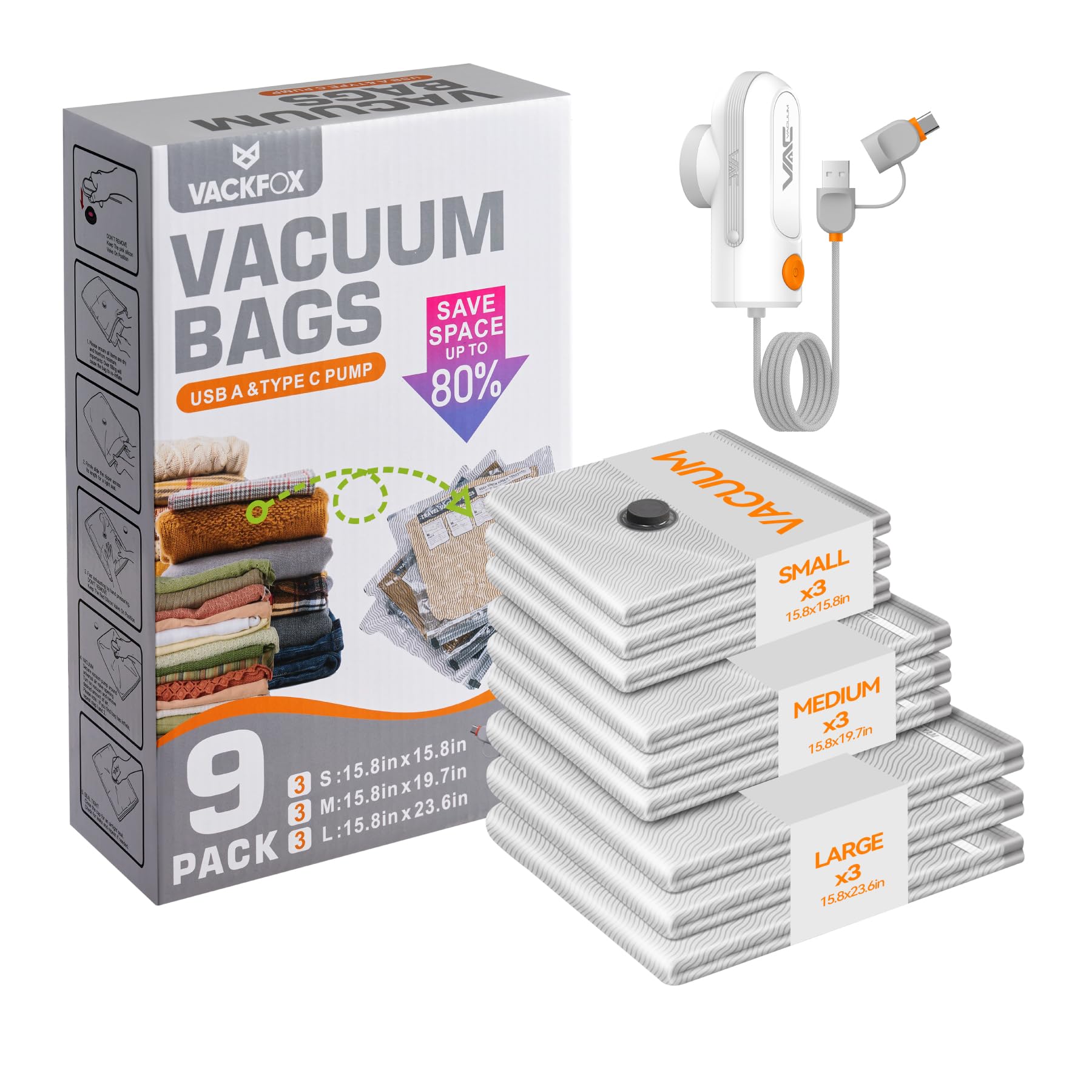 VACKFOX Travel Vacuum Storage Bags with USB and TYPE C Pump, 9 Pack Carry-On Size Compression Packing Bags for Luggage and Suitcase, Space Saver for
