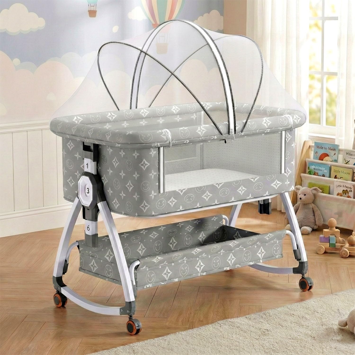 CAREIT Premium 6-in-1 Baby Bedside Cot, Crib, Cradle Portable All-Mesh Bassinet with Multi-Purpose Tray,Wheels, Storage Basket, and 6 Height Adjustments, Easy Assembly for Newborns- Pattern Grey