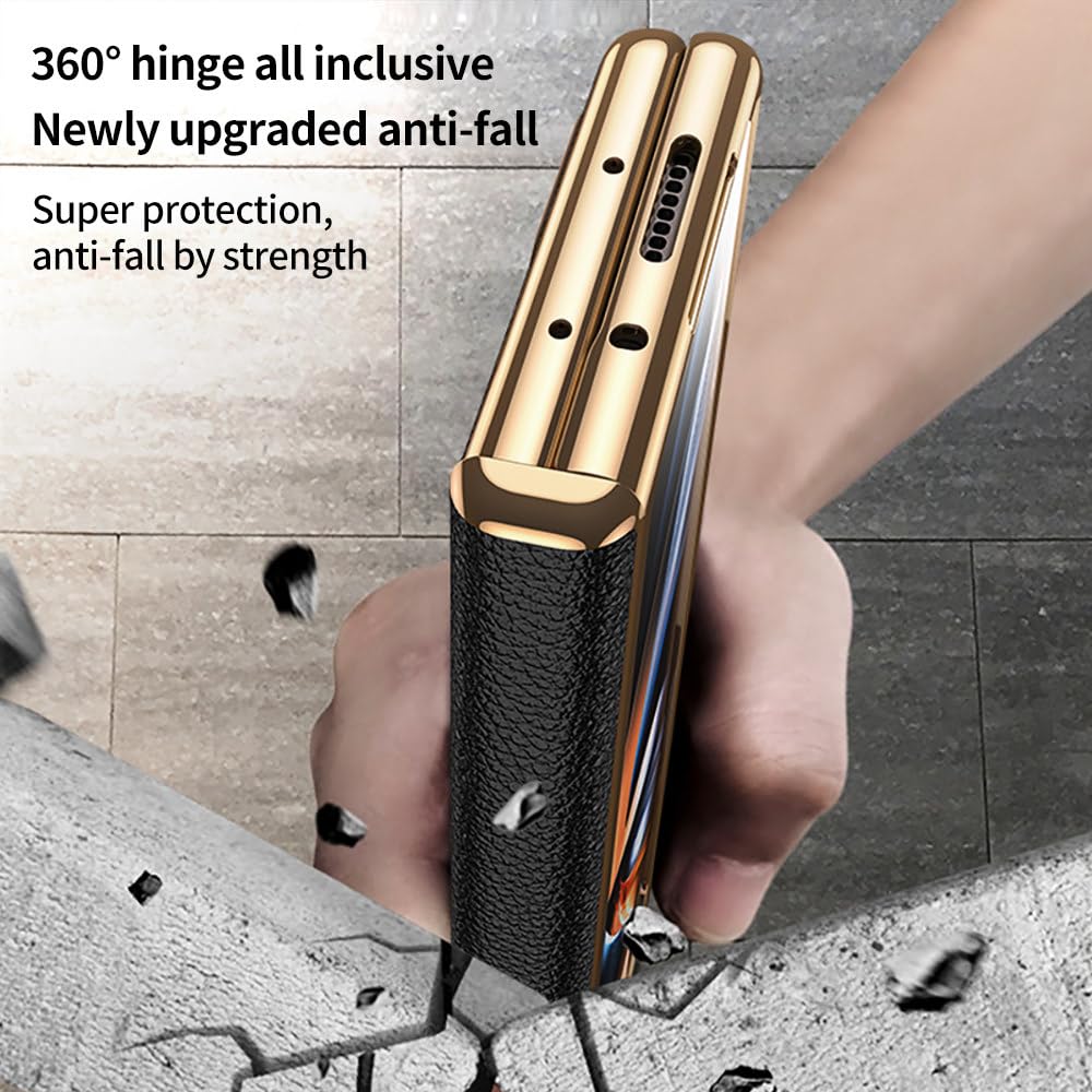 Skórzane etui na telefon do Samsung Galaxy Z Fold 5 4 3 Fold4 Fold5 Pozłacane etui z zawiasem magnetycznym Tylna obudowa ze stojakiem z folią lustrzaną, ziarno liczi w kolorze czarnym, do Galaxy Z F